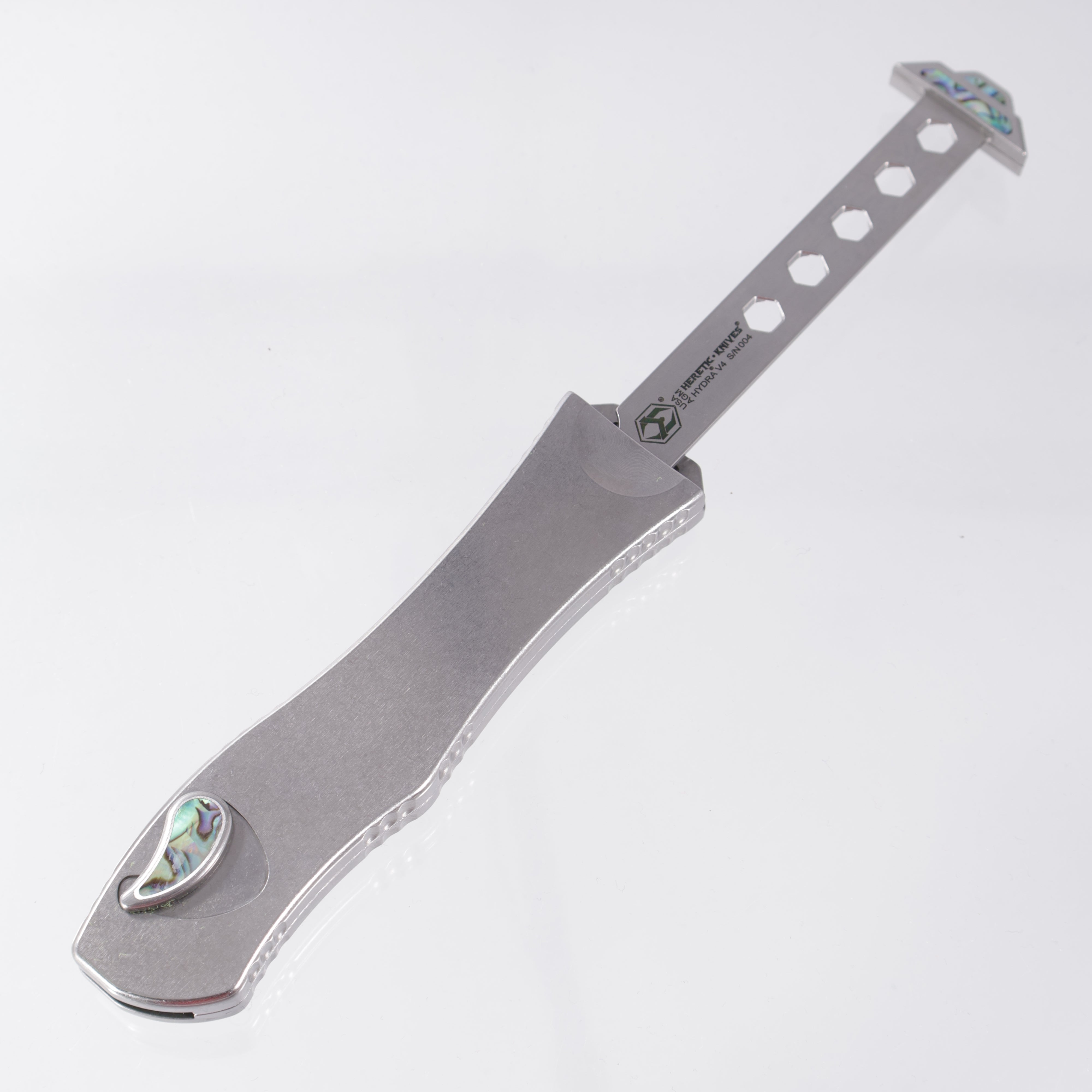 Heretic Hydra V4 Single Edge Custom - High Polish M390 - Tumbled Stainless Steel Chassis w/ Abalone Inlays