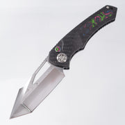 Heretic Pariah Tanto Custom - Carbon Fiber Chassis w/ 80s Camo Carbon Inlays & Button - Polished Compound Grind Vegas Forge Wood Grain Damascus - BR-OP Exclusive
