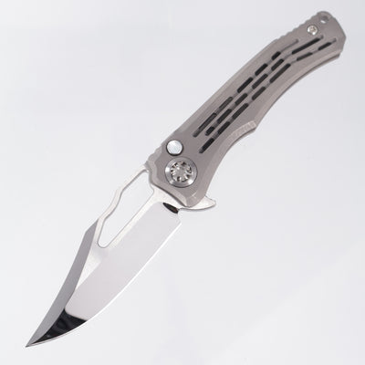 Heretic Wraith V4 Manual Custom Bowie - Vented Distressed Titanium Chassis w/ Mother Of Pearl Button - Cracked Ice M390