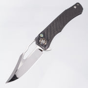 Heretic Wraith V4 Manual Custom Bowie - Twill Carbon Fiber Chassis w/ Flamed Titanium Accents & Abalone Button Inlay - Cracked Ice M390