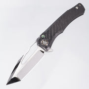 Heretic Wraith V4 Manual Custom Tanto Compound Grind - Twill Carbon Fiber Chassis w/ Flamed Titanium Accents & Abalone Button Inlay - Cracked Ice M390