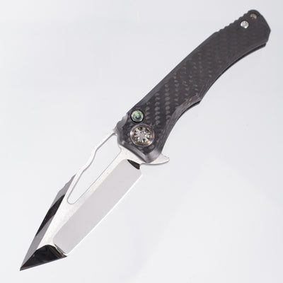 Heretic Wraith V4 Manual Custom Tanto Compound Grind - Twill Carbon Fiber Chassis w/ Flamed Titanium Accents & Abalone Button Inlay - Cracked Ice M390