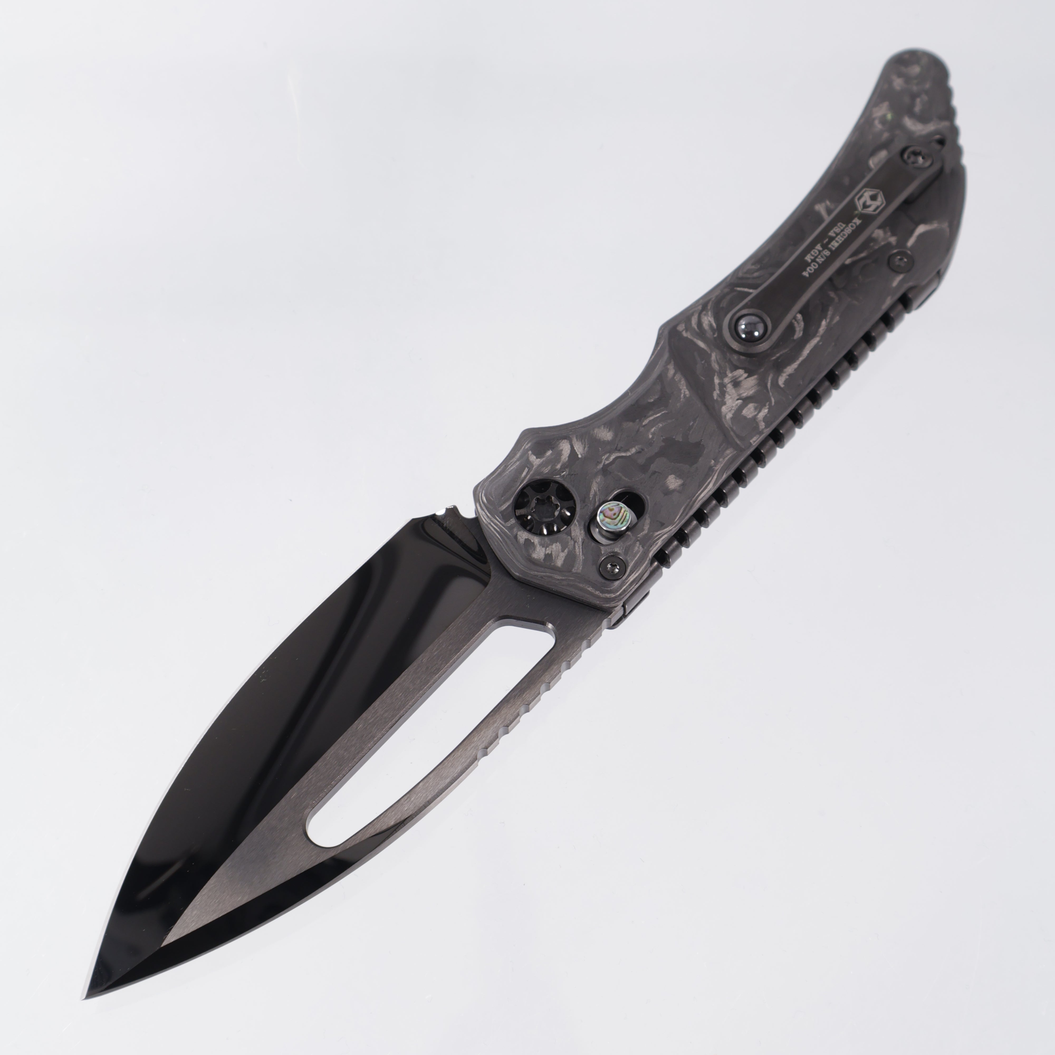 Heretic Koschei Custom - Marbled Carbon FIber Scales w/ DLC Accents & Abalone Buttons - DLC High Polish M390