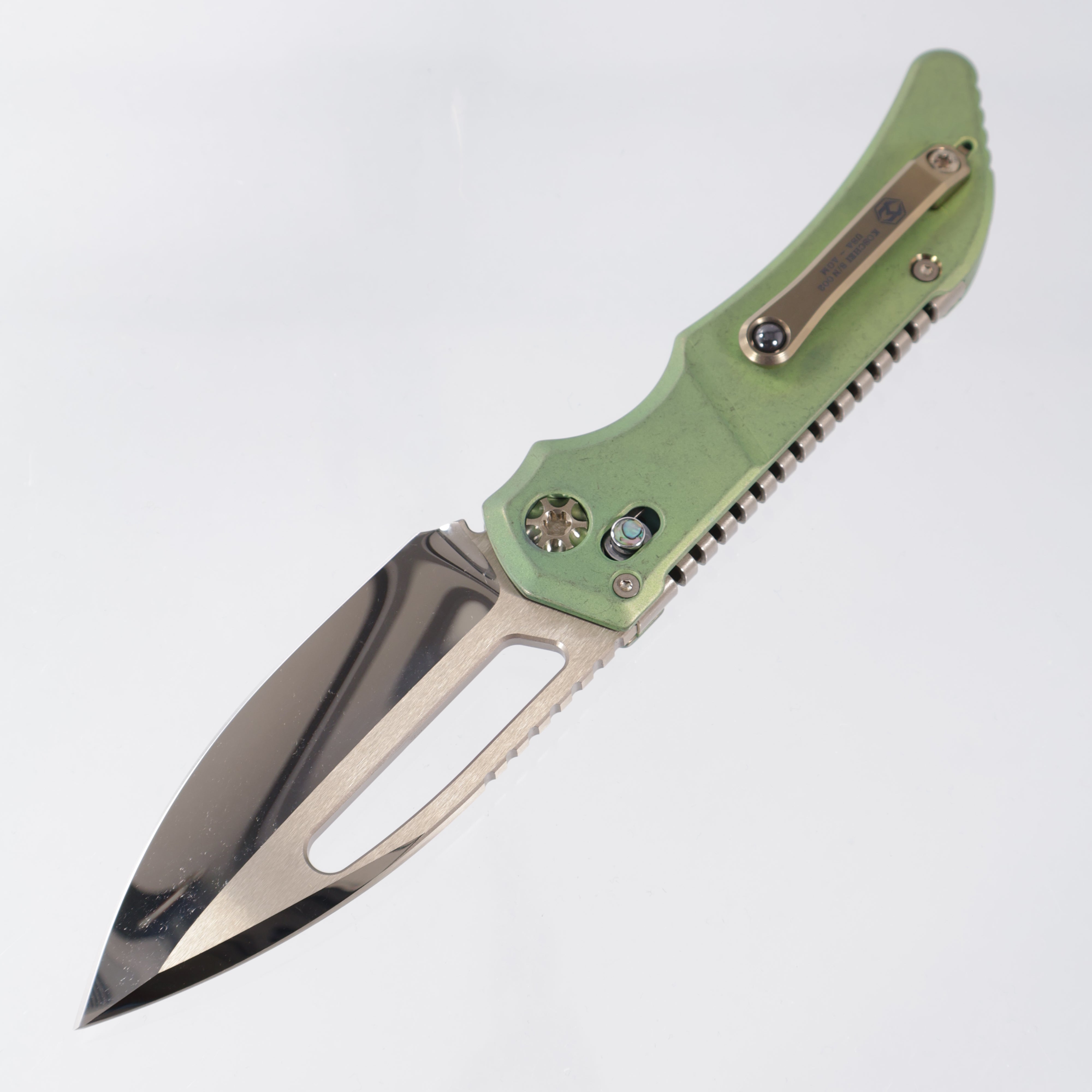 Heretic Koschei Custom - Antique Green Titanium Scales w/ Bronze Accents & Abalone Buttons - Bronze Cracked Ice M390