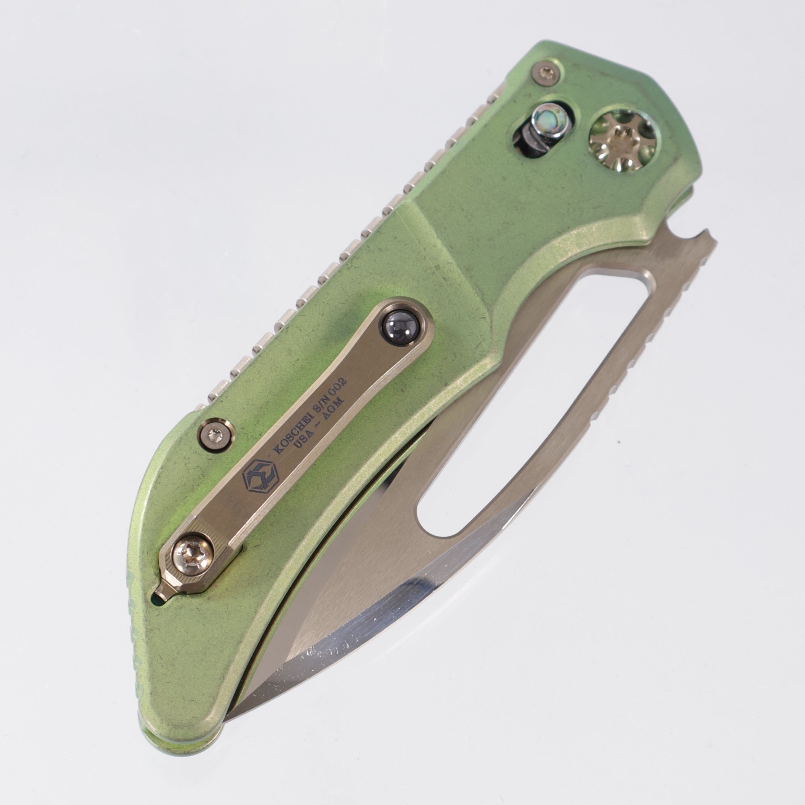 Heretic Koschei Custom - Antique Green Titanium Scales w/ Bronze Accents & Abalone Buttons - Bronze Cracked Ice M390