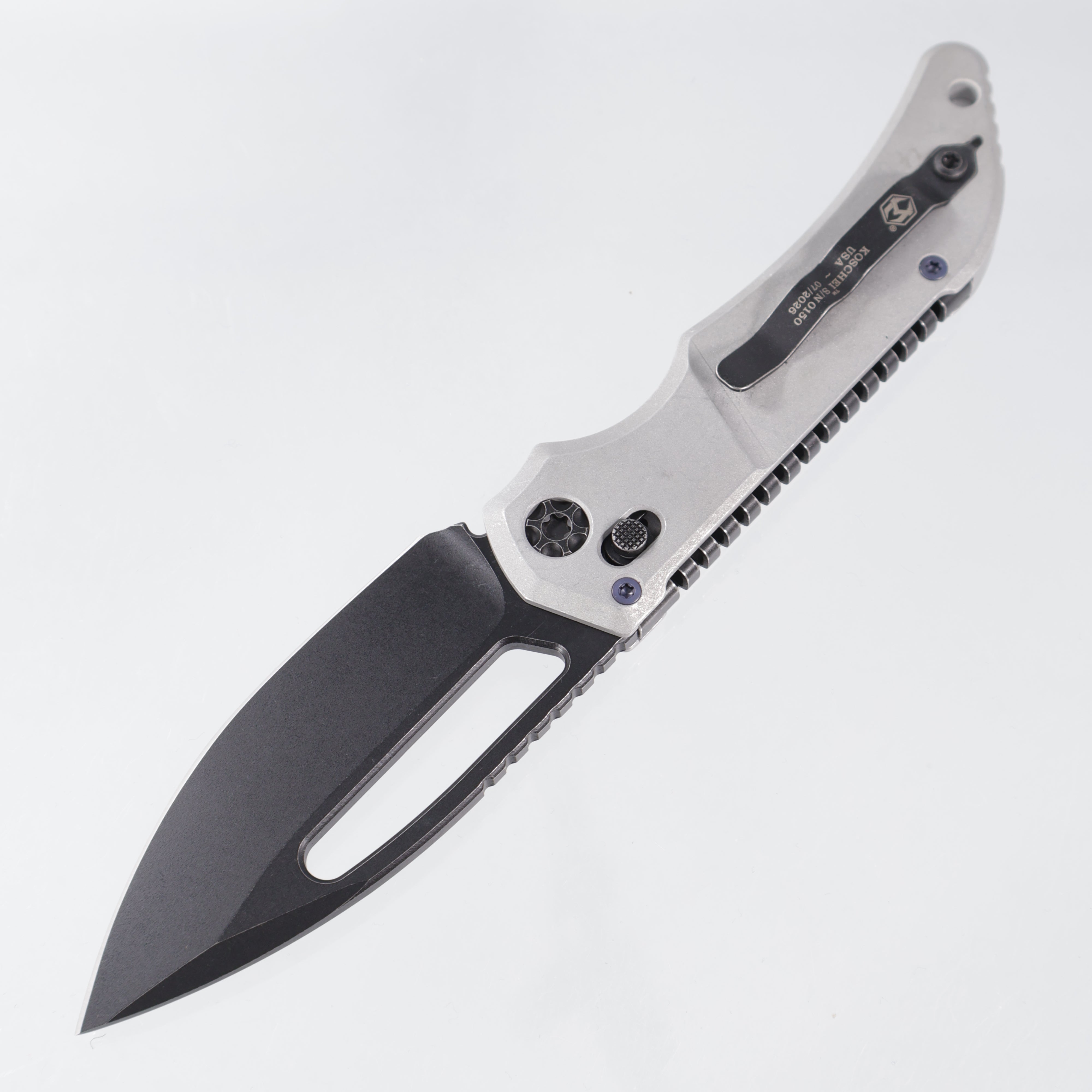 Heretic Koschei - Blizzardworn Aluminum w/ Blue Ti Hardware - Battle Black Magnacut - H061-8A-BLZ