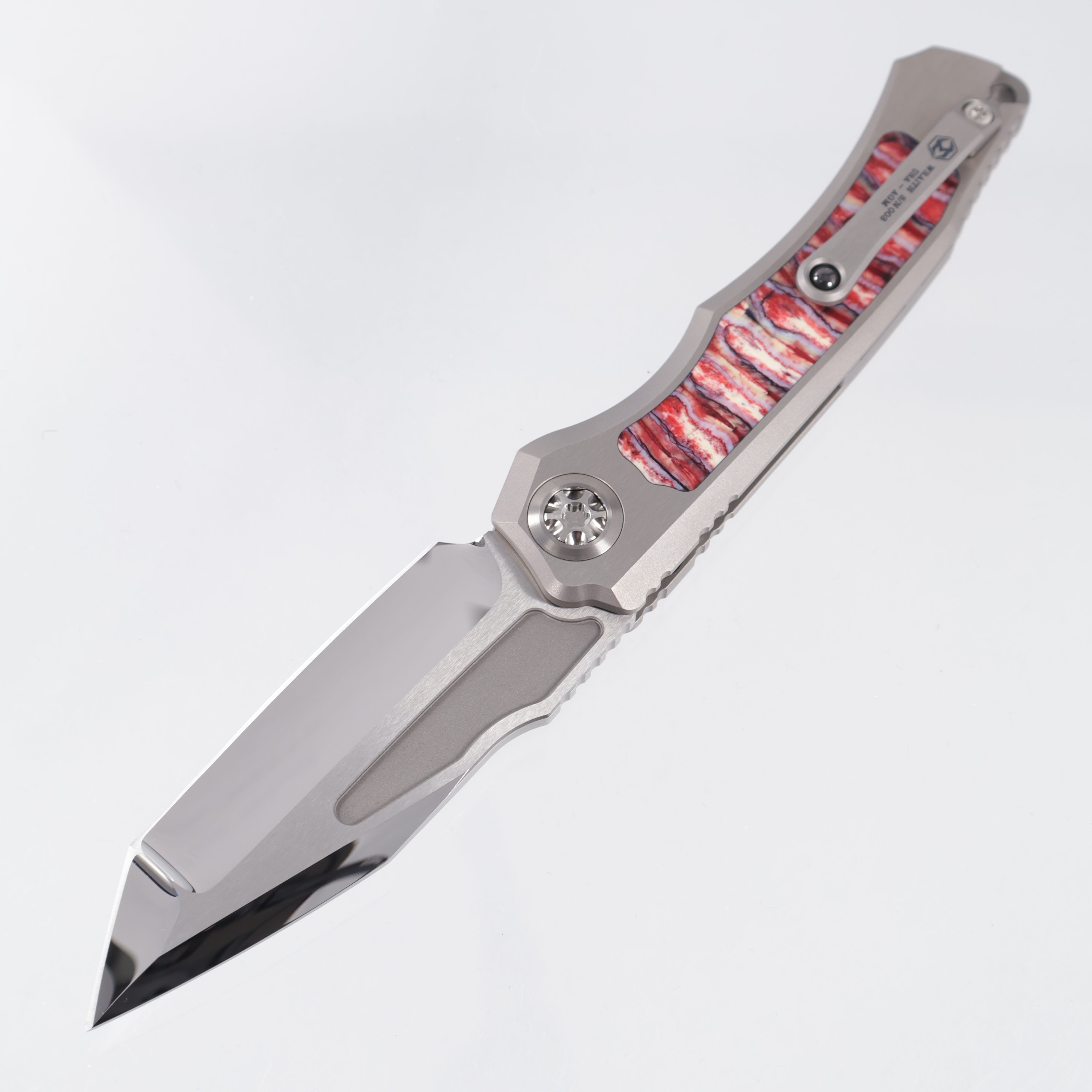 Heretic Wraith V4 Auto Custom Tanto - Hefted Titanium Chassis w/ Red Ice Age Mammoth Molar Inlays - High Polish Compound Grind M390 - S/N: 003