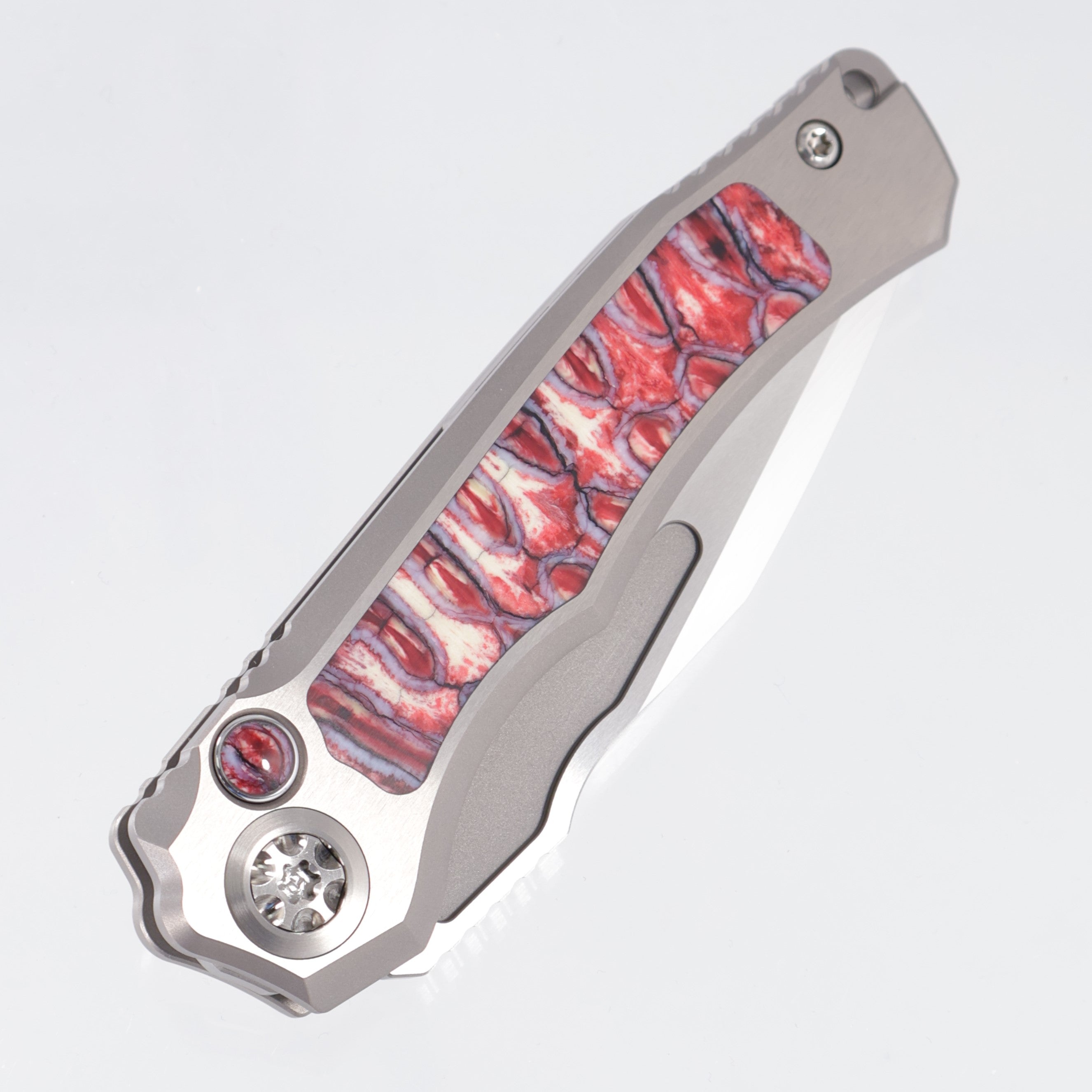 Heretic Wraith V4 Auto Custom Tanto - Hefted Titanium Chassis w/ Red Ice Age Mammoth Molar Inlays - High Polish Compound Grind M390 - S/N: 003