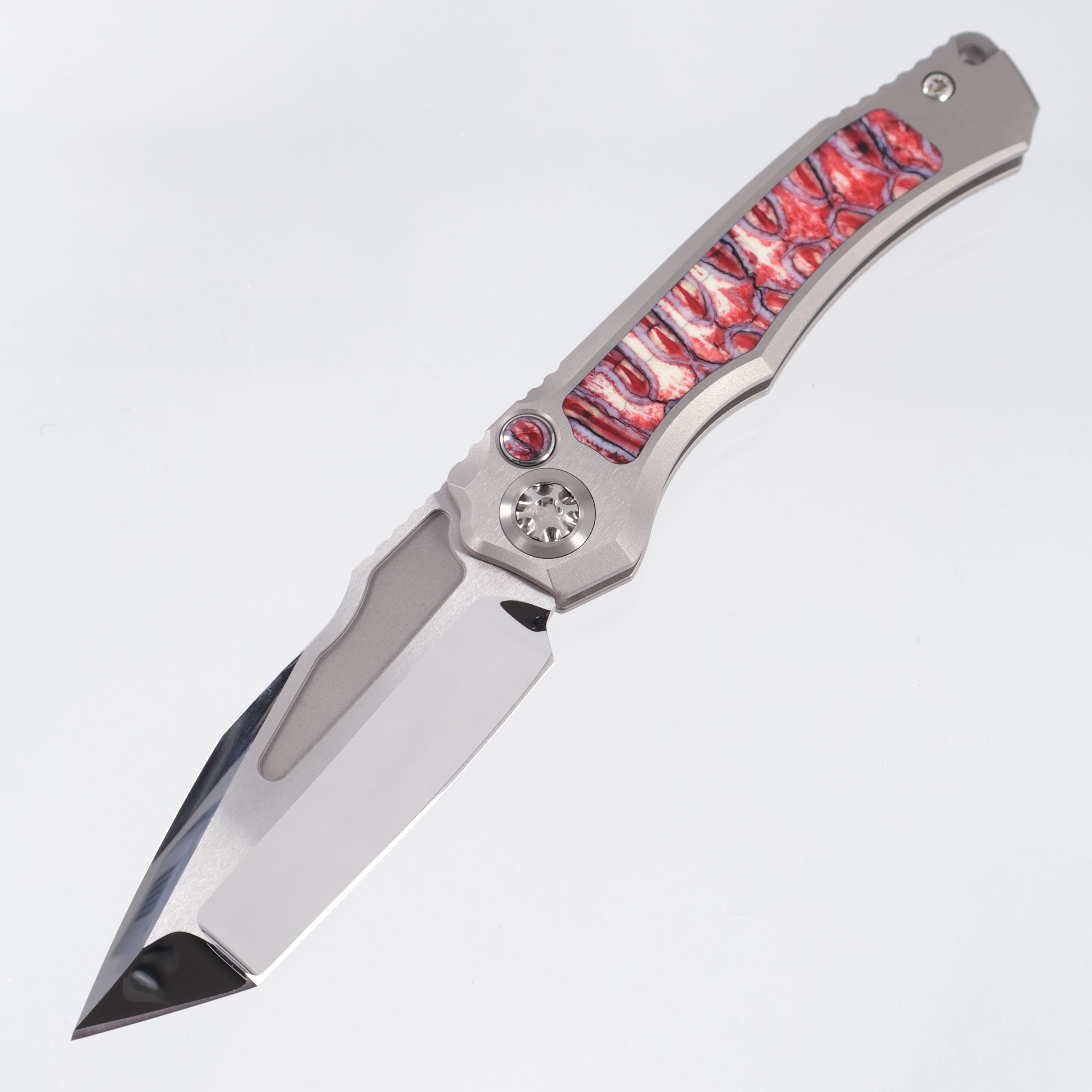 Heretic Wraith V4 Auto Custom Tanto - Hefted Titanium Chassis w/ Red Ice Age Mammoth Molar Inlays - High Polish Compound Grind M390 - S/N: 003