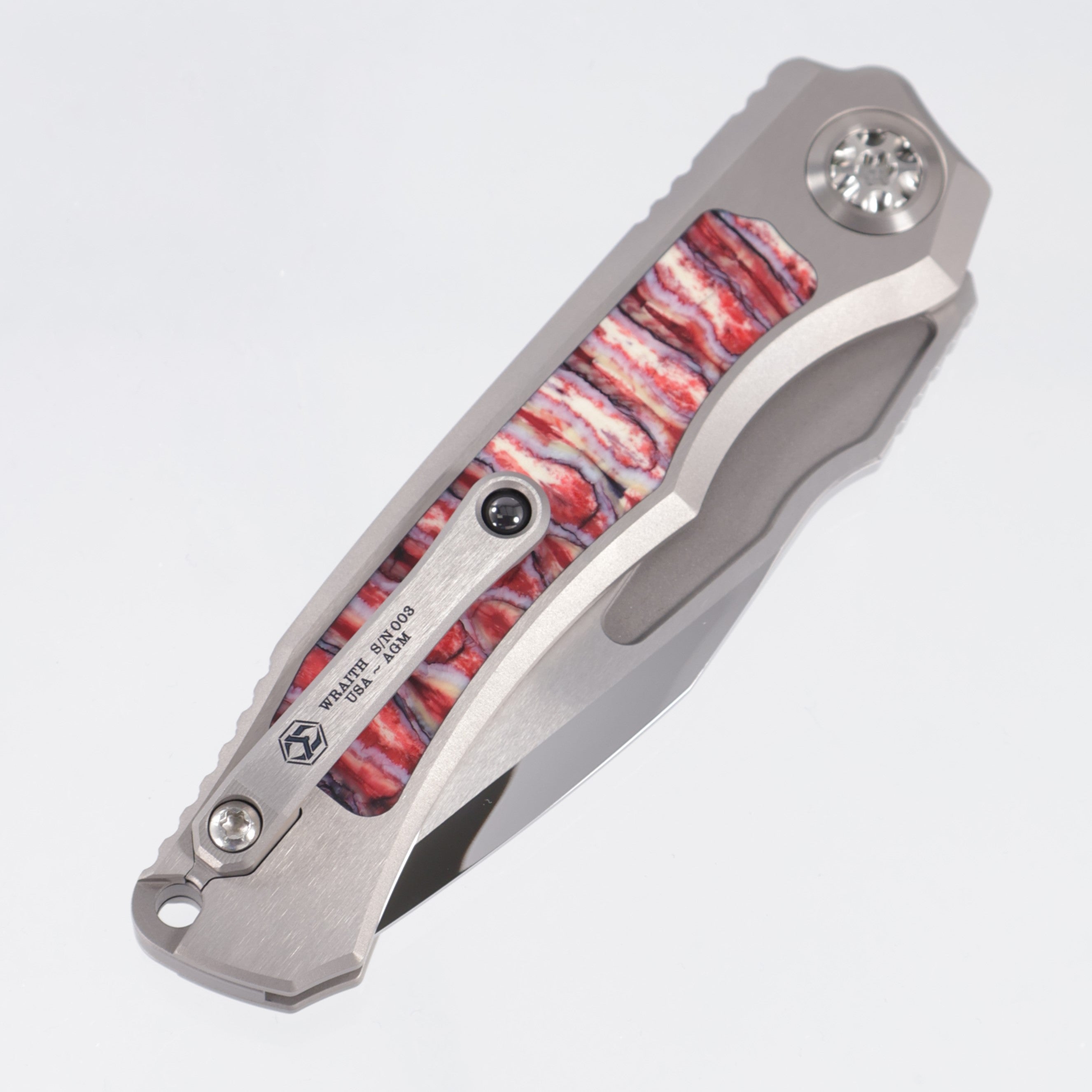 Heretic Wraith V4 Auto Custom Tanto - Hefted Titanium Chassis w/ Red Ice Age Mammoth Molar Inlays - High Polish Compound Grind M390 - S/N: 003