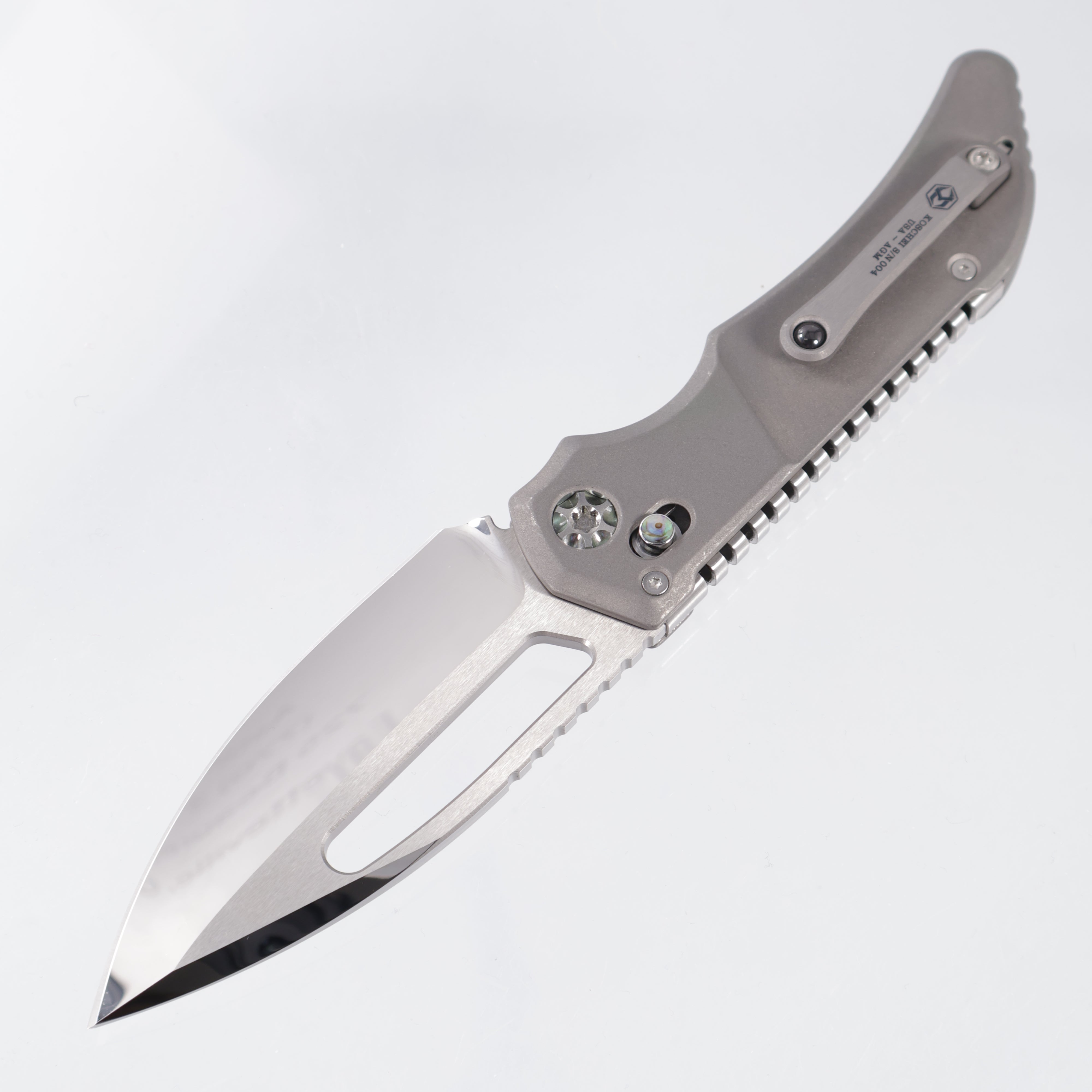 Heretic Koschei Custom - Battleworn Titanium Scales w/ Abalone Buttons - High Polish M390 - S/N: 004