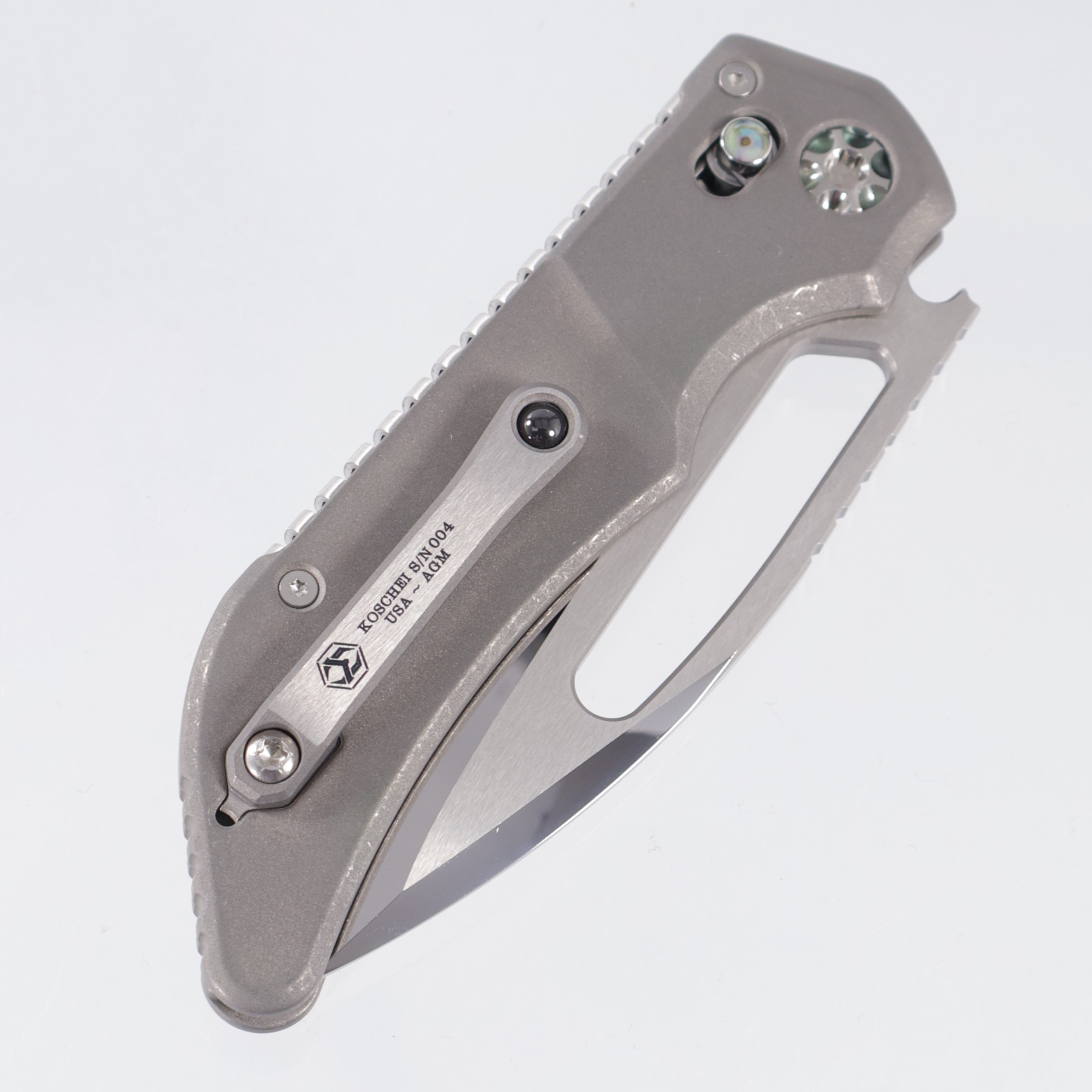Heretic Koschei Custom - Battleworn Titanium Scales w/ Abalone Buttons - High Polish M390 - S/N: 004