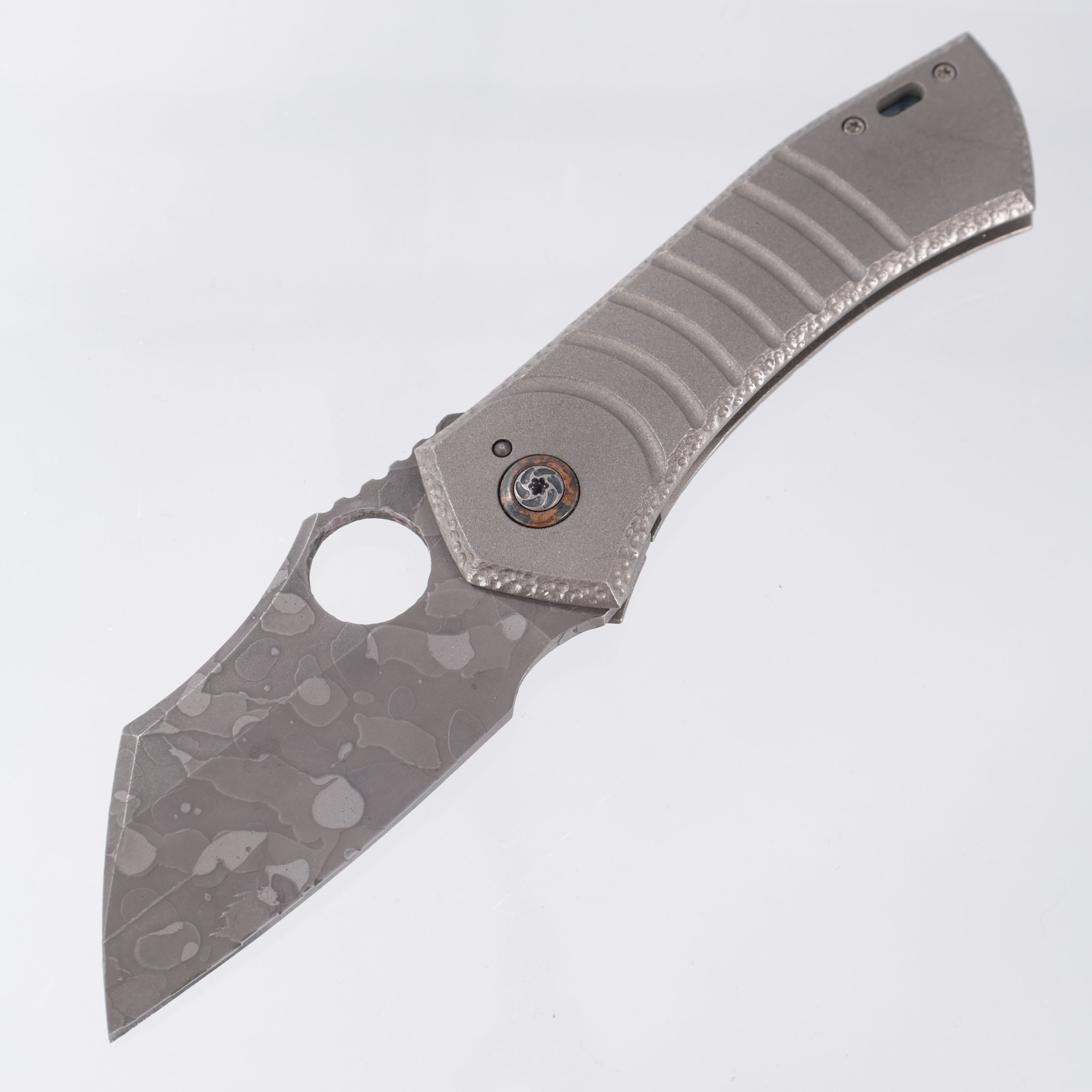 Hunter Knives SV-1 Large - Blasted, Milled, & Knurled Titanium w/ Shipwreck Copper Pivot Collars & Backspacer - Acid Etch Magnacut
