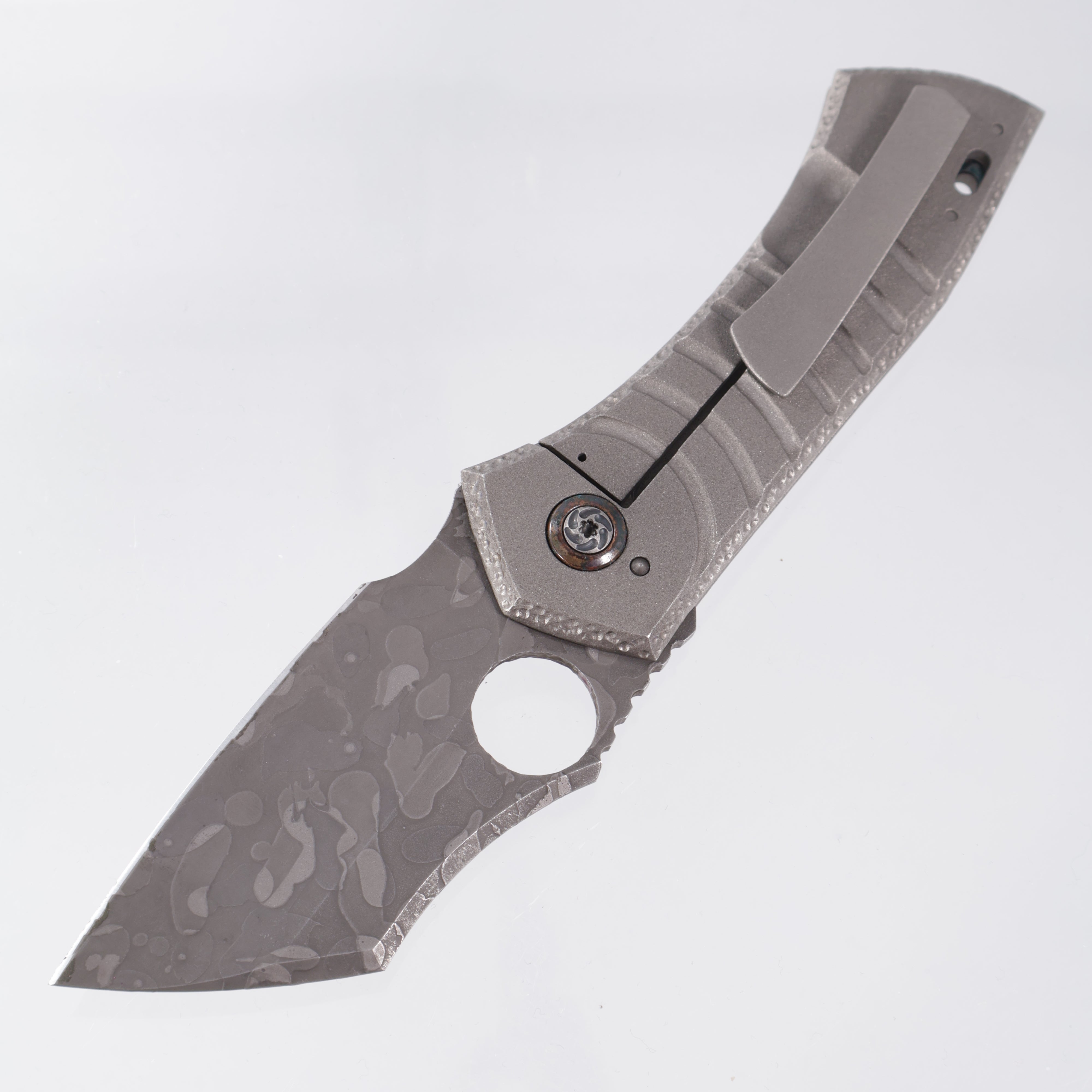 Hunter Knives SV-1 Large - Blasted, Milled, & Knurled Titanium w/ Shipwreck Copper Pivot Collars & Backspacer - Acid Etch Magnacut