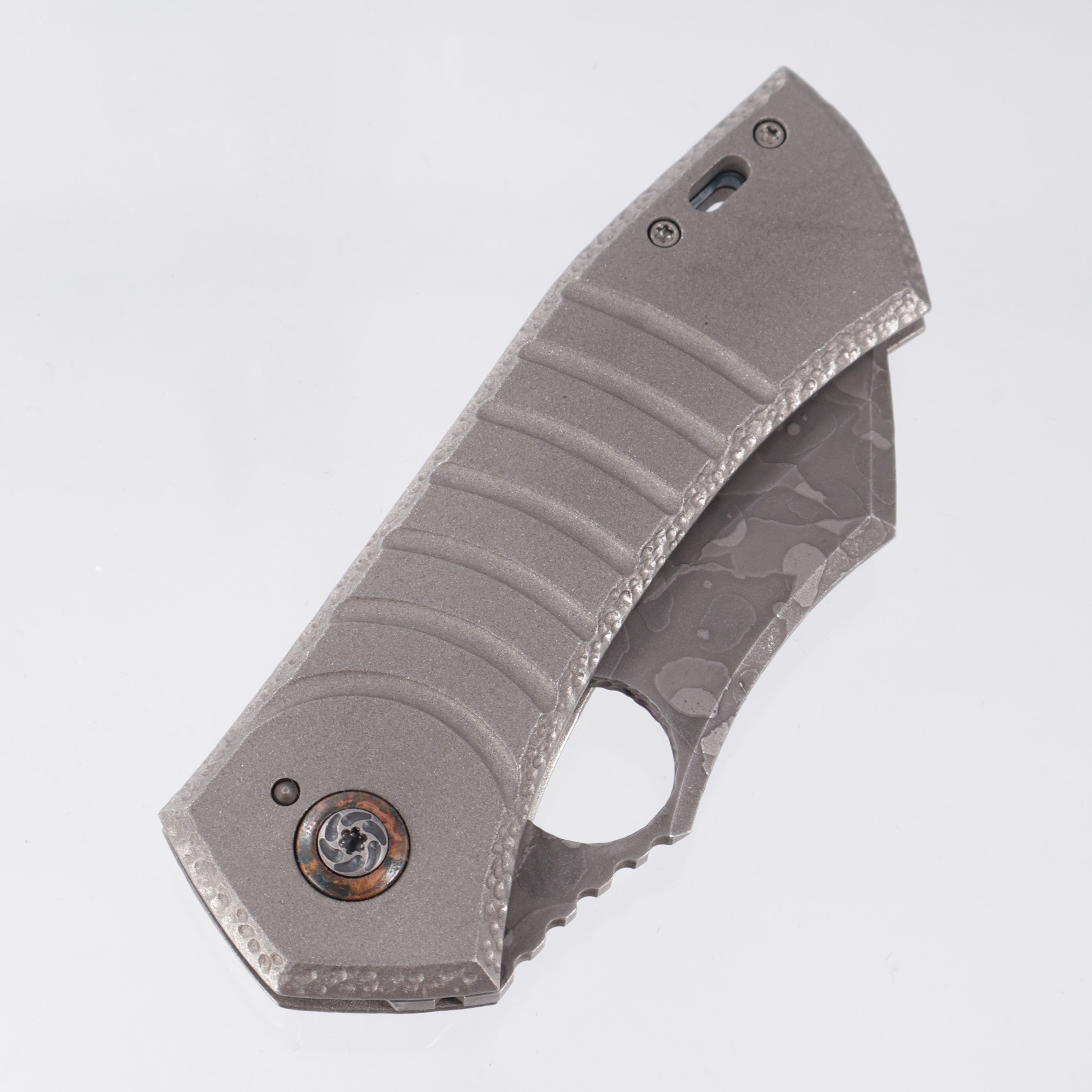 Hunter Knives SV-1 Large - Blasted, Milled, & Knurled Titanium w/ Shipwreck Copper Pivot Collars & Backspacer - Acid Etch Magnacut