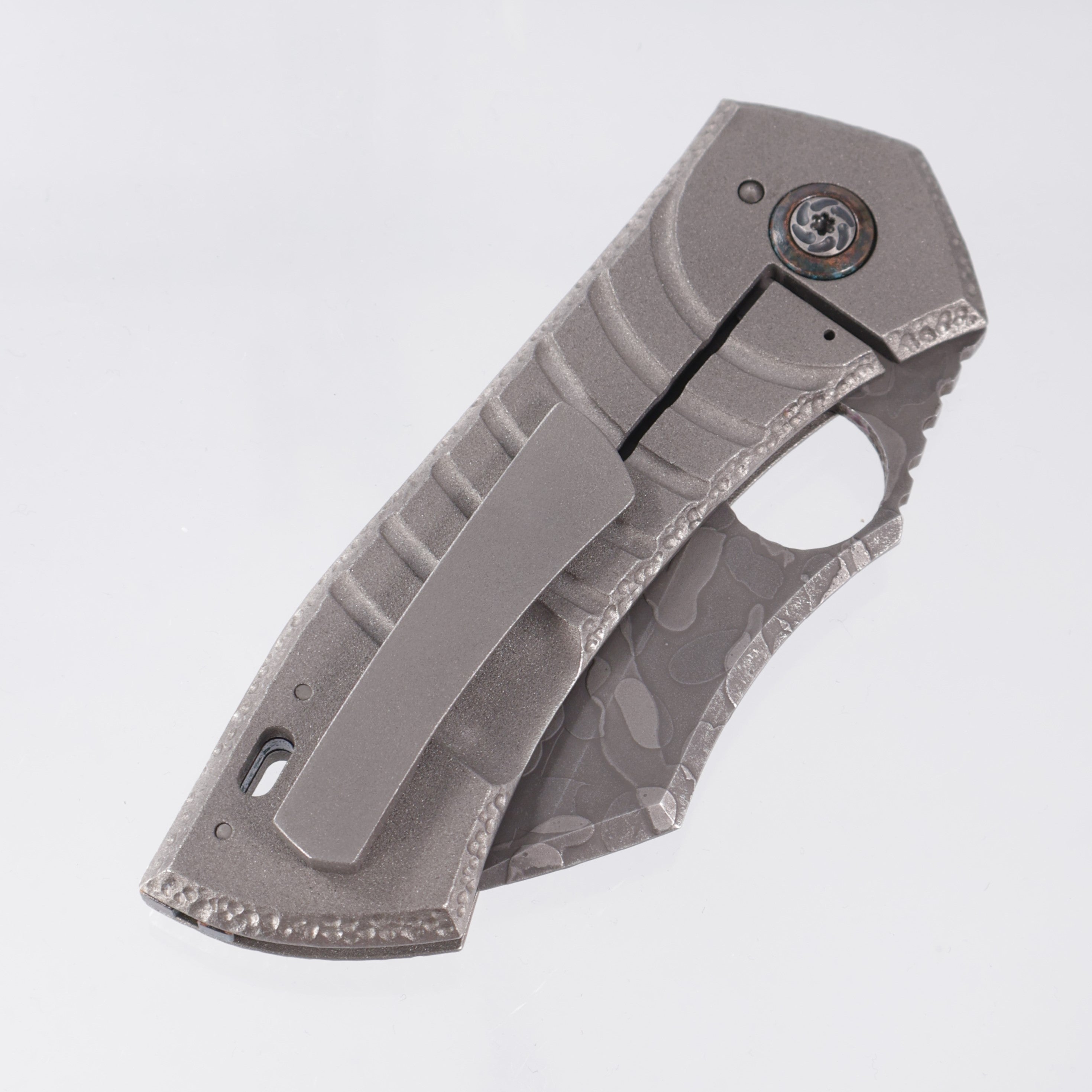 Hunter Knives SV-1 Large - Blasted, Milled, & Knurled Titanium w/ Shipwreck Copper Pivot Collars & Backspacer - Acid Etch Magnacut