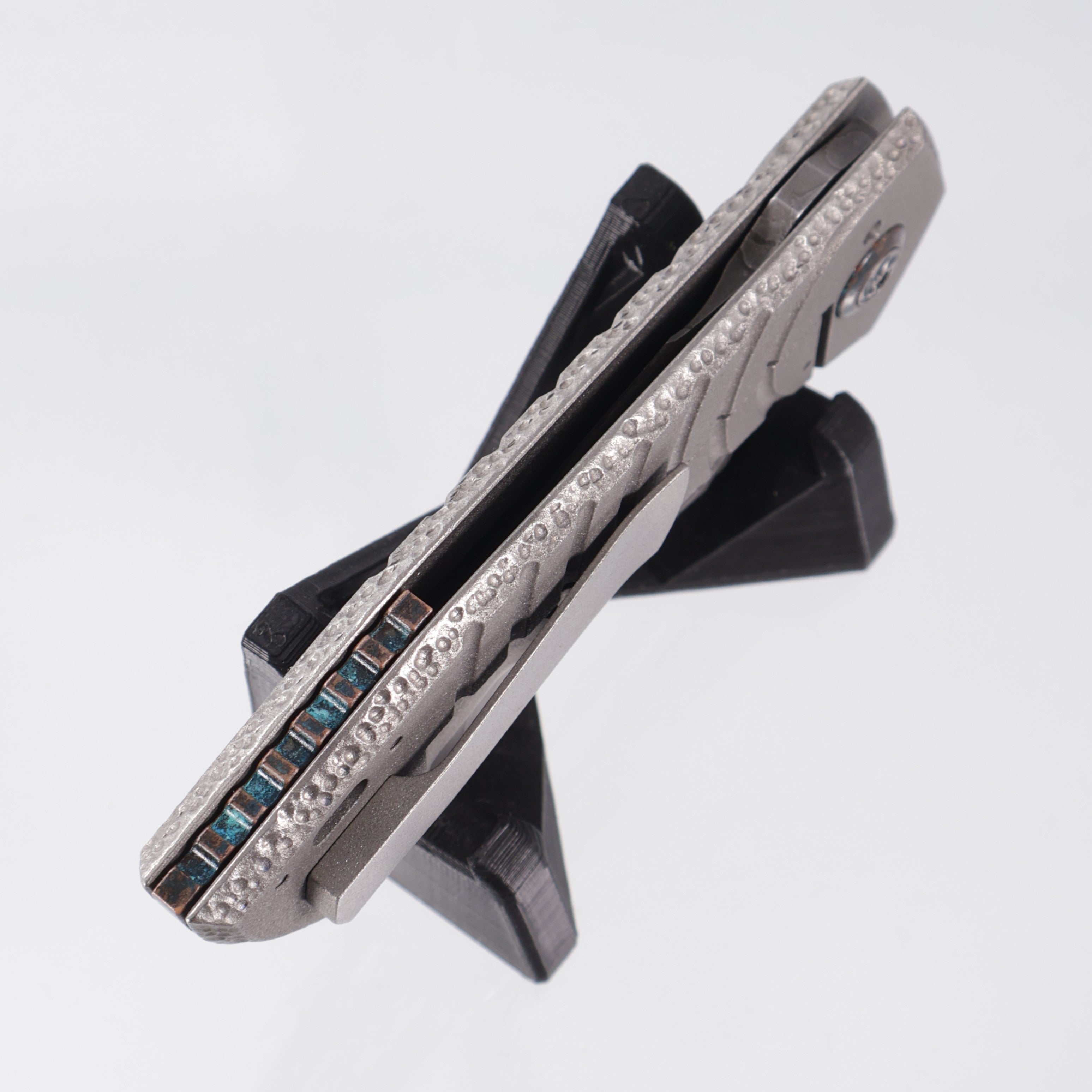 Hunter Knives SV-1 Large - Blasted, Milled, & Knurled Titanium w/ Shipwreck Copper Pivot Collars & Backspacer - Acid Etch Magnacut