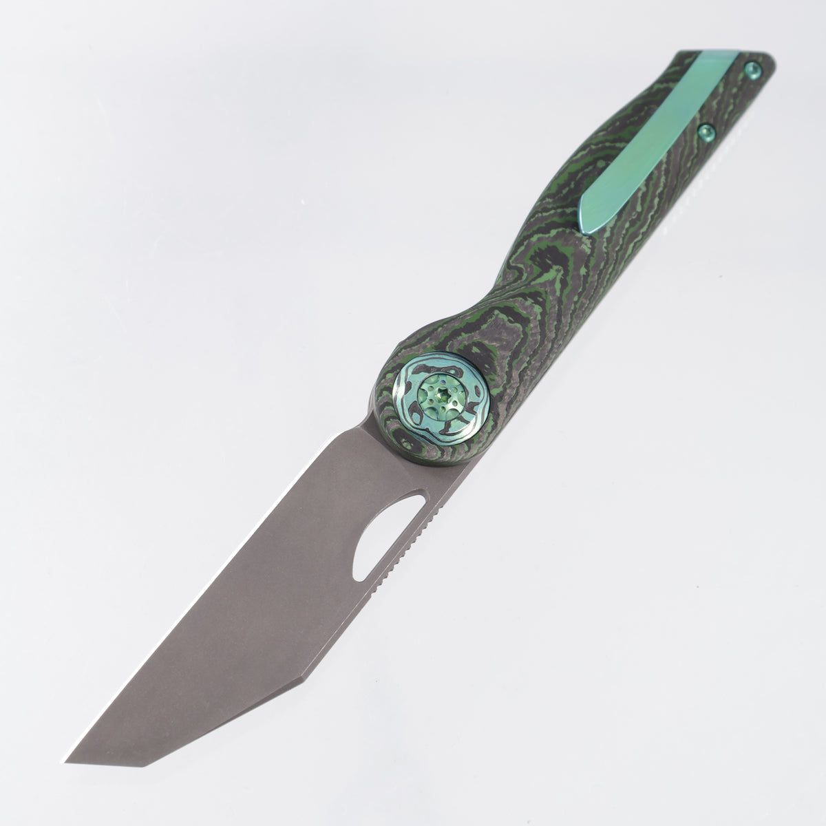 Hypercut Cretin #0149 - Crosscut Junglewear Fat Carbon w/ Green Timascus Pivot Collars & Green Ti Hardware - Acidwash S45VN