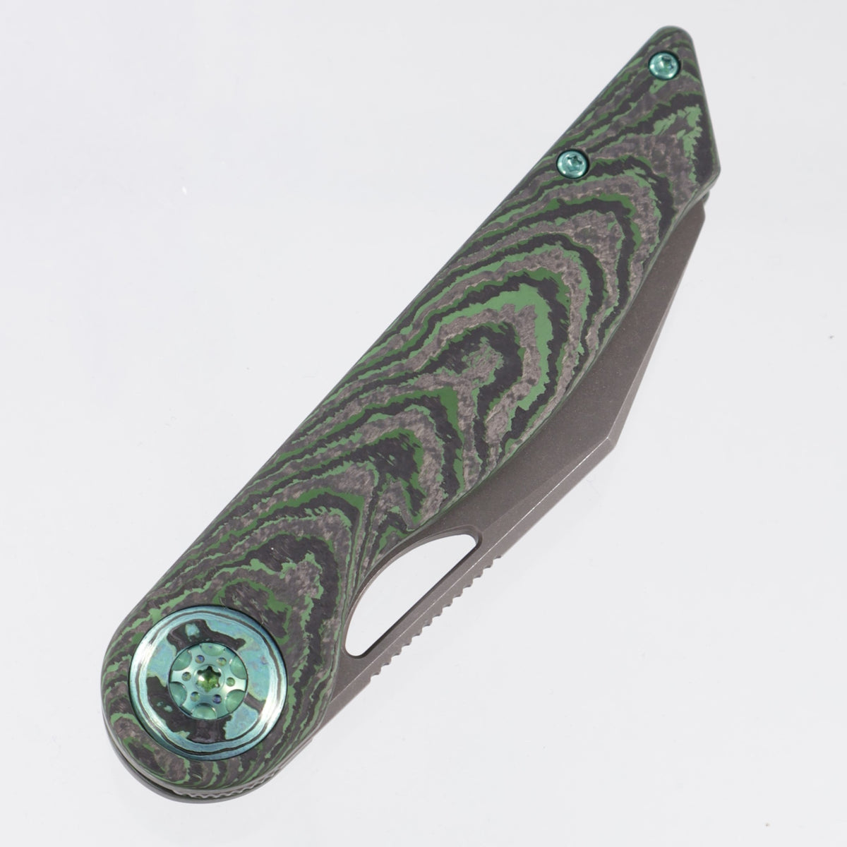 Hypercut Cretin #0149 - Crosscut Junglewear Fat Carbon w/ Green Timascus Pivot Collars & Green Ti Hardware - Acidwash S45VN