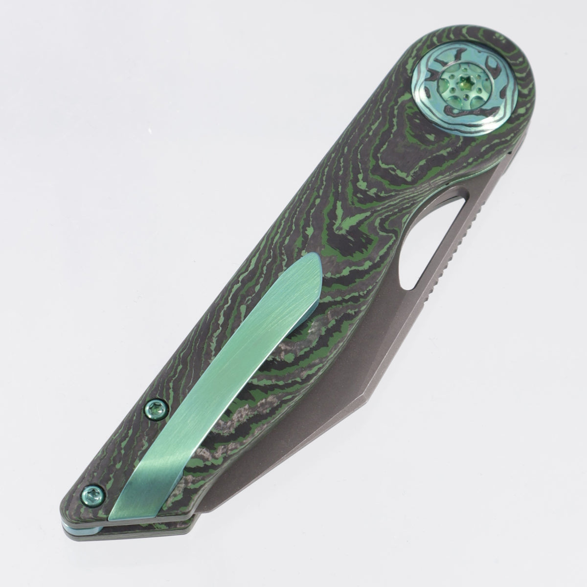 Hypercut Cretin #0149 - Crosscut Junglewear Fat Carbon w/ Green Timascus Pivot Collars & Green Ti Hardware - Acidwash S45VN
