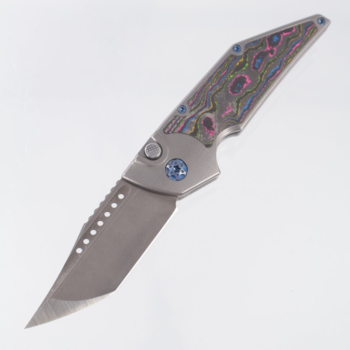 Hypercut Dharma Auto #248 - Stonewash Titanium w/ 80s Camo Carbon Inlays & Blue Ti Hardware - Acidwash S45VN - BROP Exclusive