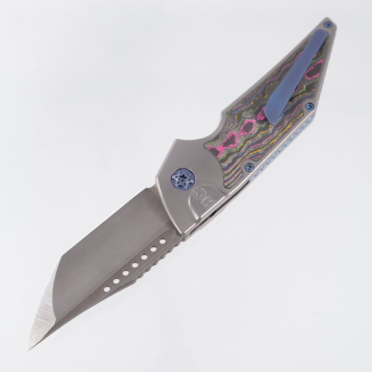 Hypercut Dharma Auto #248 - Stonewash Titanium w/ 80s Camo Carbon Inlays & Blue Ti Hardware - Acidwash S45VN - BROP Exclusive