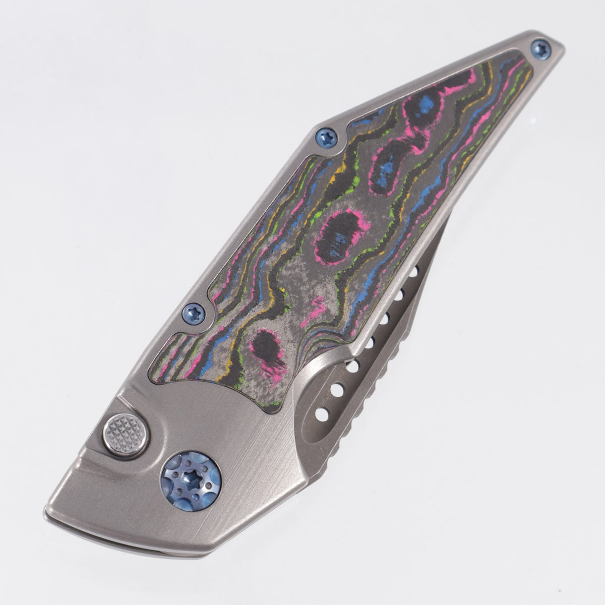 Hypercut Dharma Auto #248 - Stonewash Titanium w/ 80s Camo Carbon Inlays & Blue Ti Hardware - Acidwash S45VN - BROP Exclusive