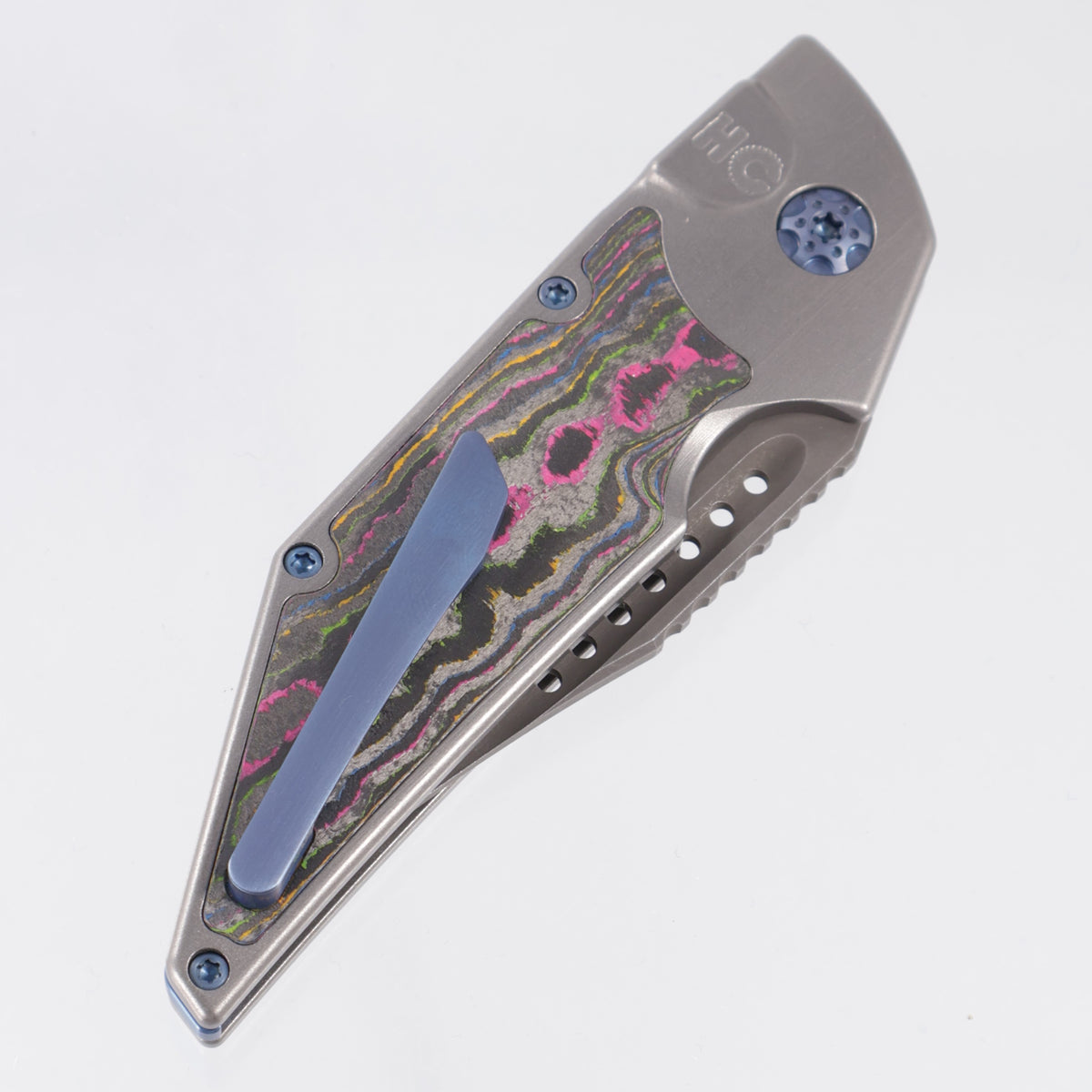 Hypercut Dharma Auto #248 - Stonewash Titanium w/ 80s Camo Carbon Inlays & Blue Ti Hardware - Acidwash S45VN - BROP Exclusive
