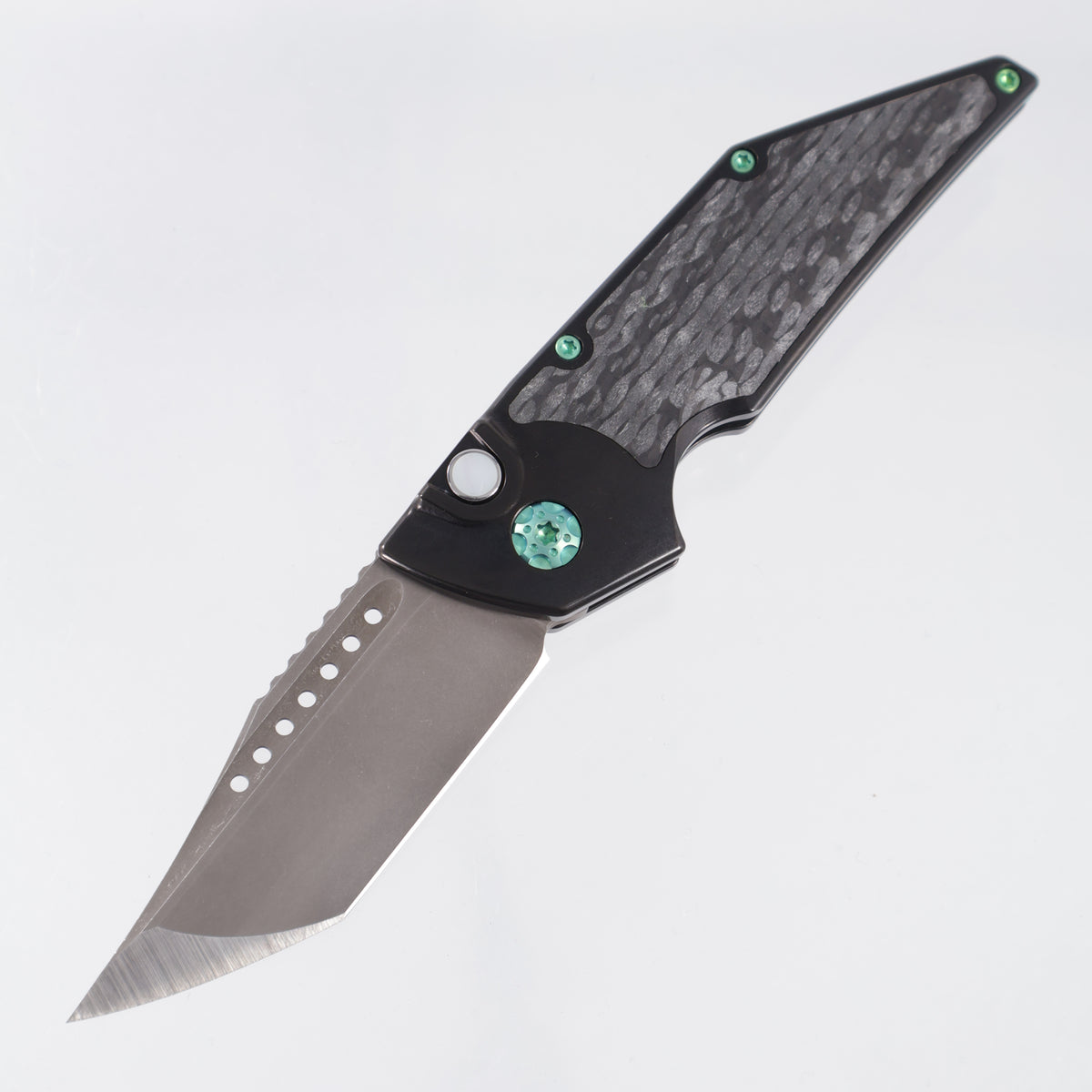 Hypercut Dharma Auto #251 - DLC Titanium w/ Endcut Glow Carbon Fiber Inlays, Pearl Button & Green Ti Hardware - Acidwash S45VN