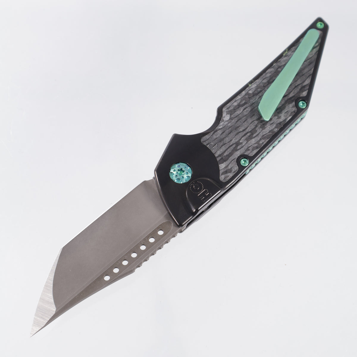 Hypercut Dharma Auto #251 - DLC Titanium w/ Endcut Glow Carbon Fiber Inlays, Pearl Button & Green Ti Hardware - Acidwash S45VN