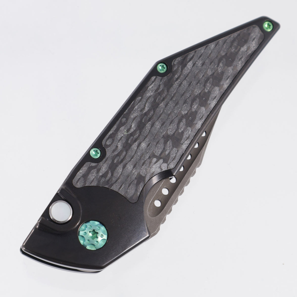 Hypercut Dharma Auto #251 - DLC Titanium w/ Endcut Glow Carbon Fiber Inlays, Pearl Button & Green Ti Hardware - Acidwash S45VN