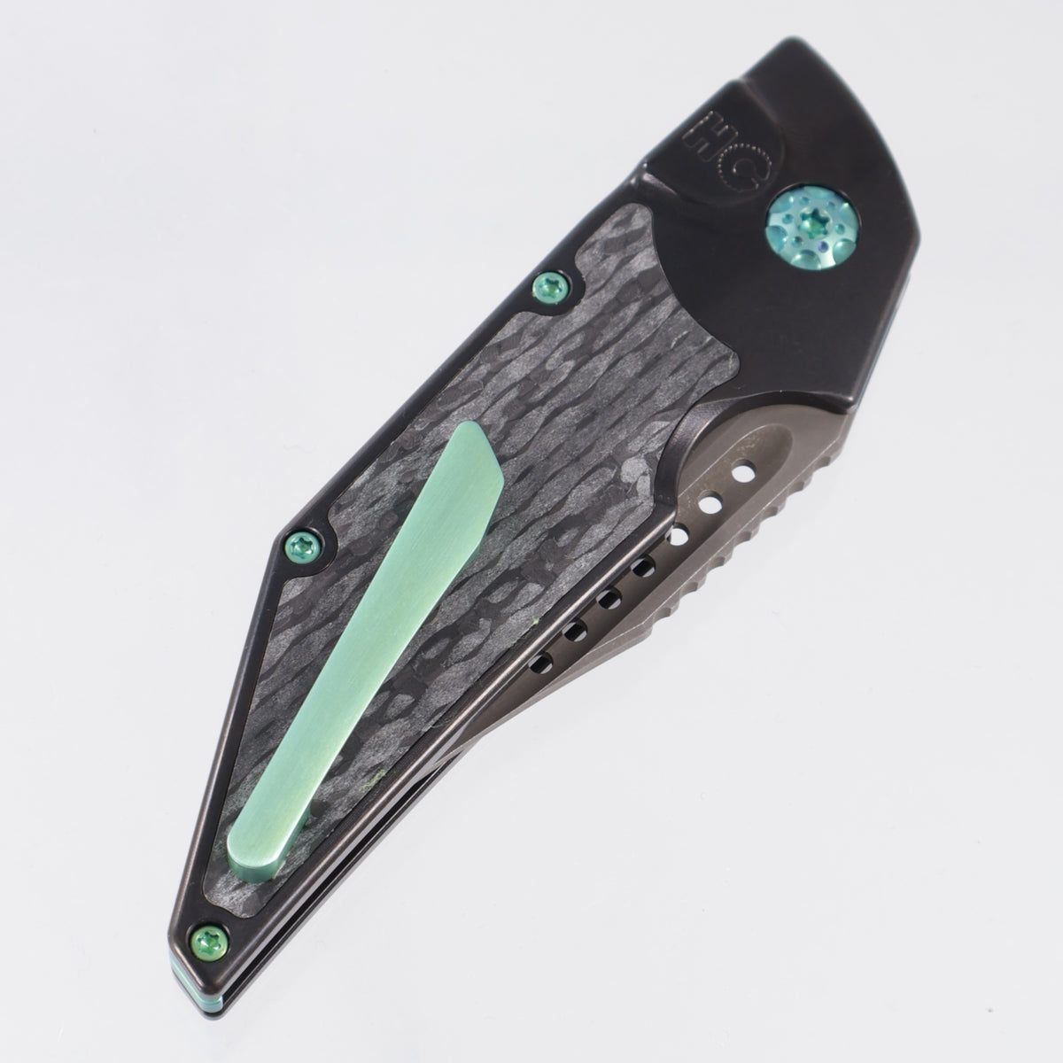 Hypercut Dharma Auto #251 - DLC Titanium w/ Endcut Glow Carbon Fiber Inlays, Pearl Button & Green Ti Hardware - Acidwash S45VN