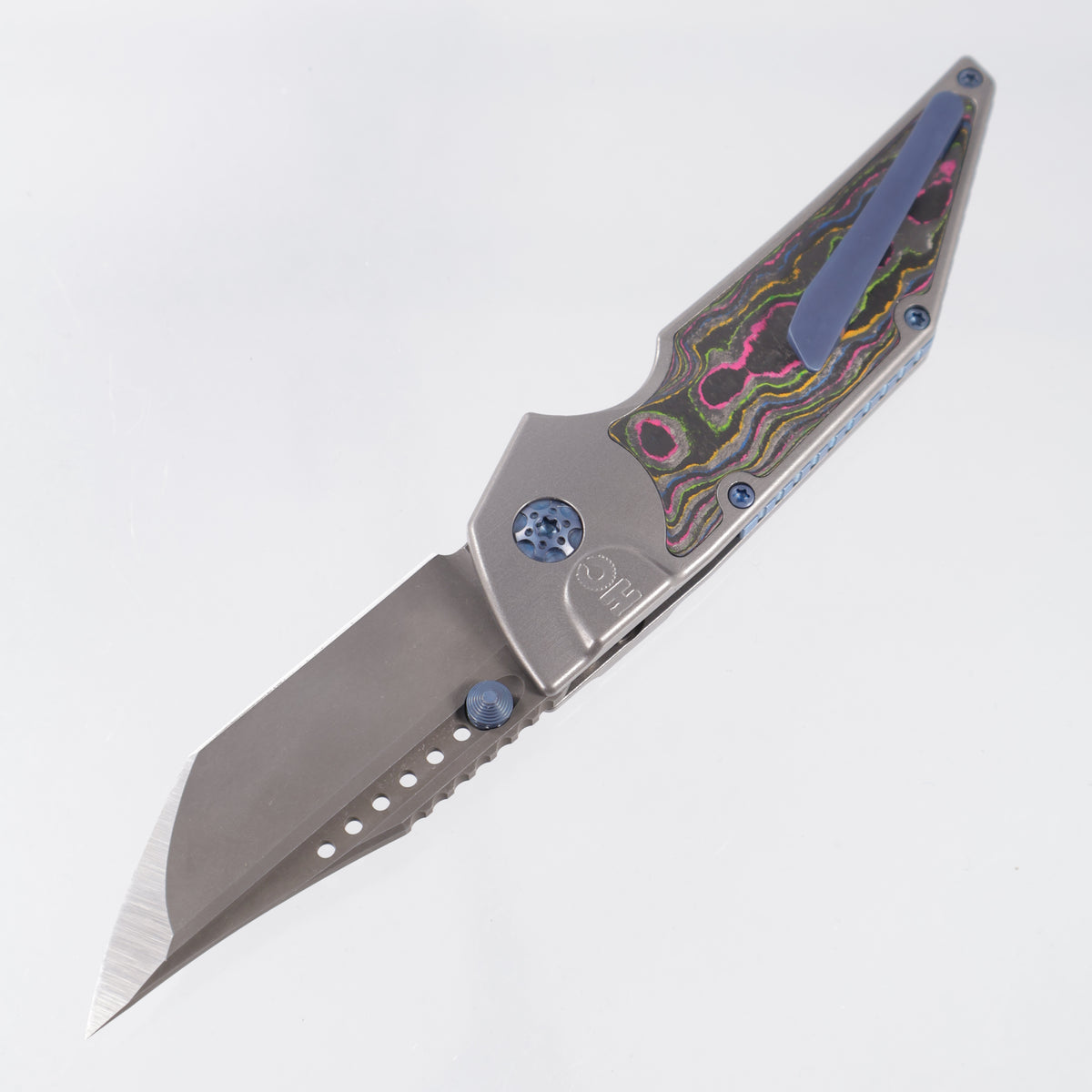 Hypercut Dharma Manual - Stonewash Titanium w/ 80s Camo Carbon Inlays & Blue Ti Hardware - Acidwash S45VN - BROP Exclusive