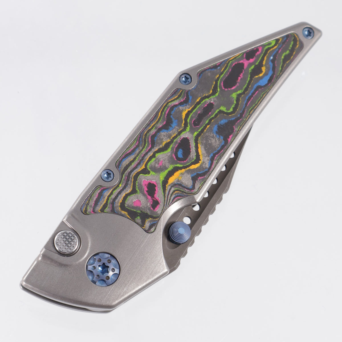 Hypercut Dharma Manual - Stonewash Titanium w/ 80s Camo Carbon Inlays & Blue Ti Hardware - Acidwash S45VN - BROP Exclusive