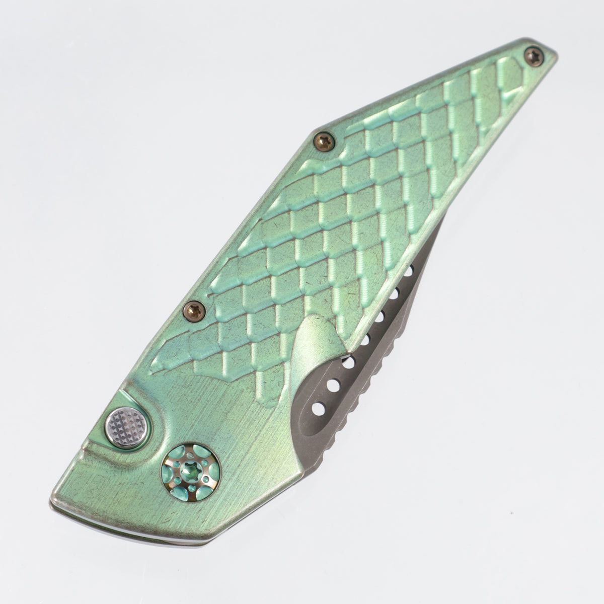 Hypercut Dharma Auto #261 - Antique Green Dragonscale Milled Titanium w/ Bronze Ti Accents - Acidwash S45VN