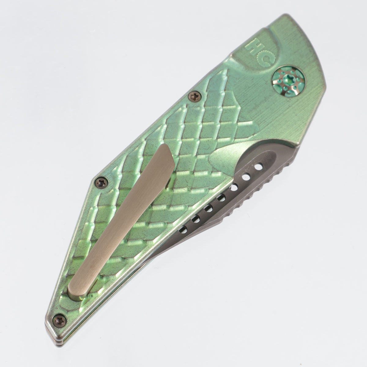 Hypercut Dharma Auto #261 - Antique Green Dragonscale Milled Titanium w/ Bronze Ti Accents - Acidwash S45VN