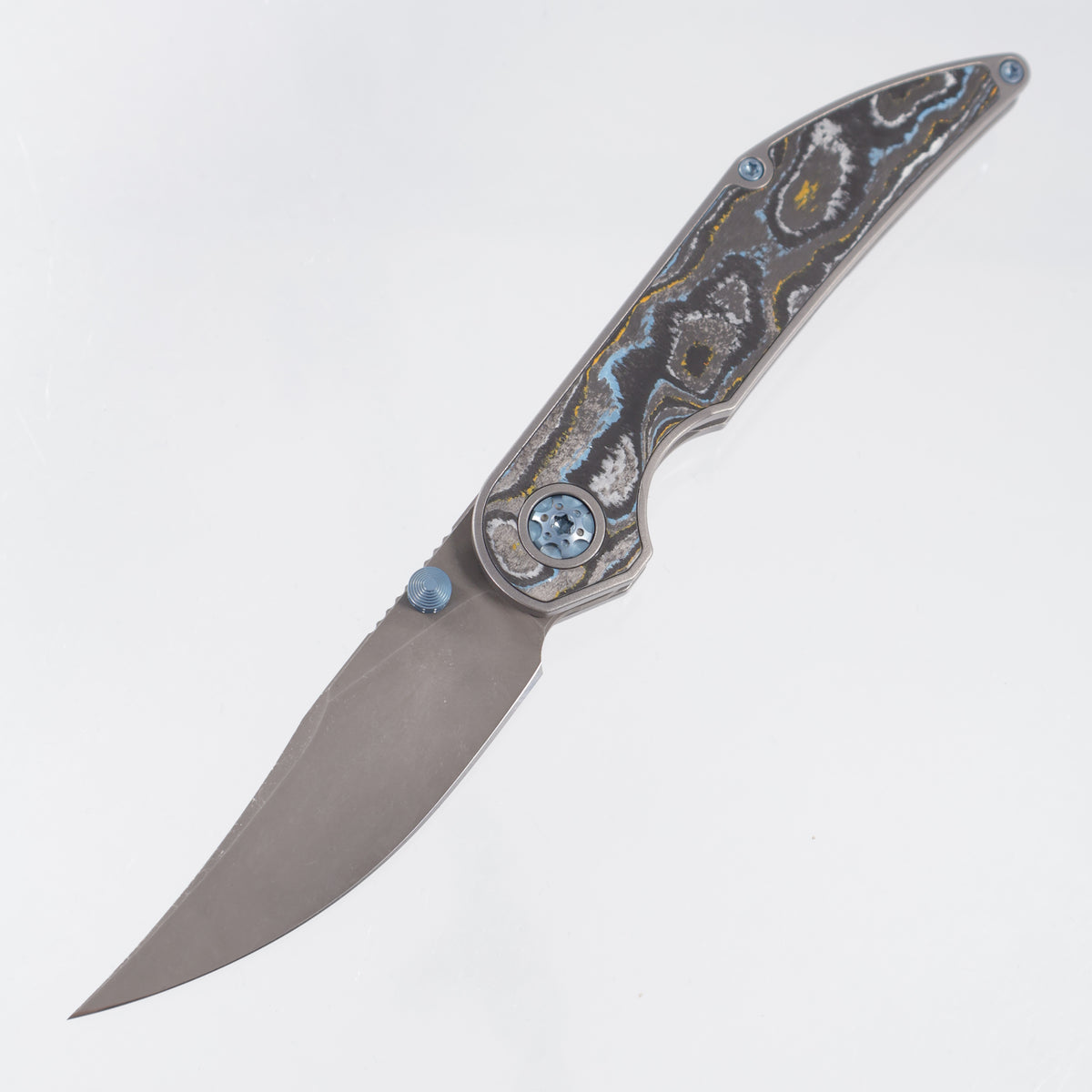 Hypercut Bikkhu #0228 - Stonewash Titanium w/ Gulf Camo Carbon Inlays & Light Blue Ti Accents - Dark Stonewash S45VN