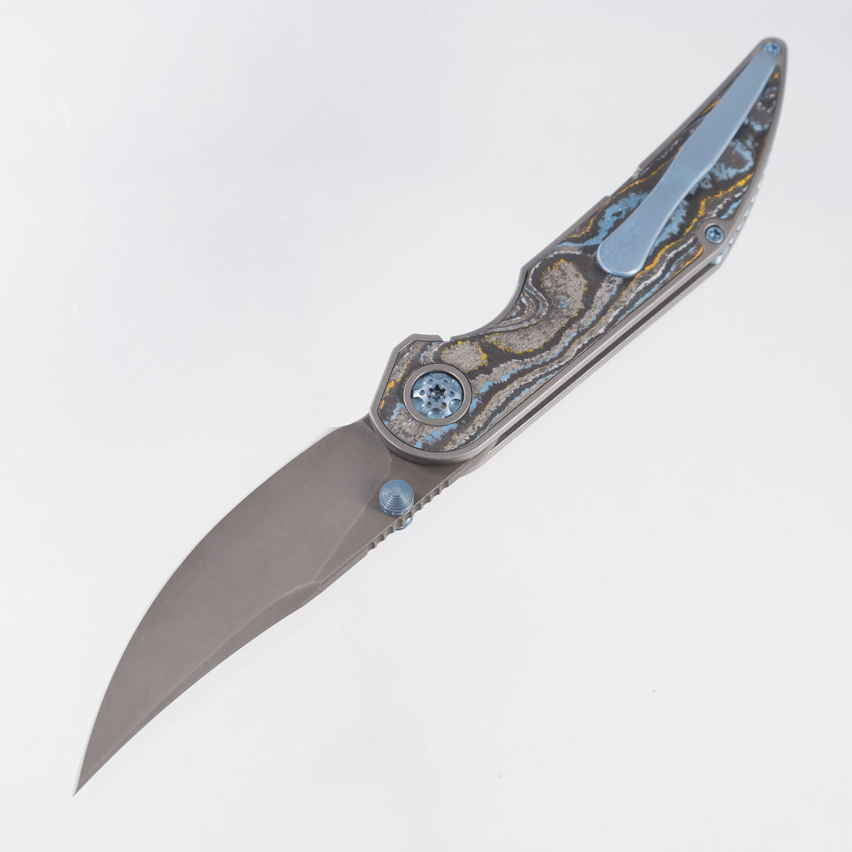 Hypercut Bikkhu #0228 - Stonewash Titanium w/ Gulf Camo Carbon Inlays & Light Blue Ti Accents - Dark Stonewash S45VN