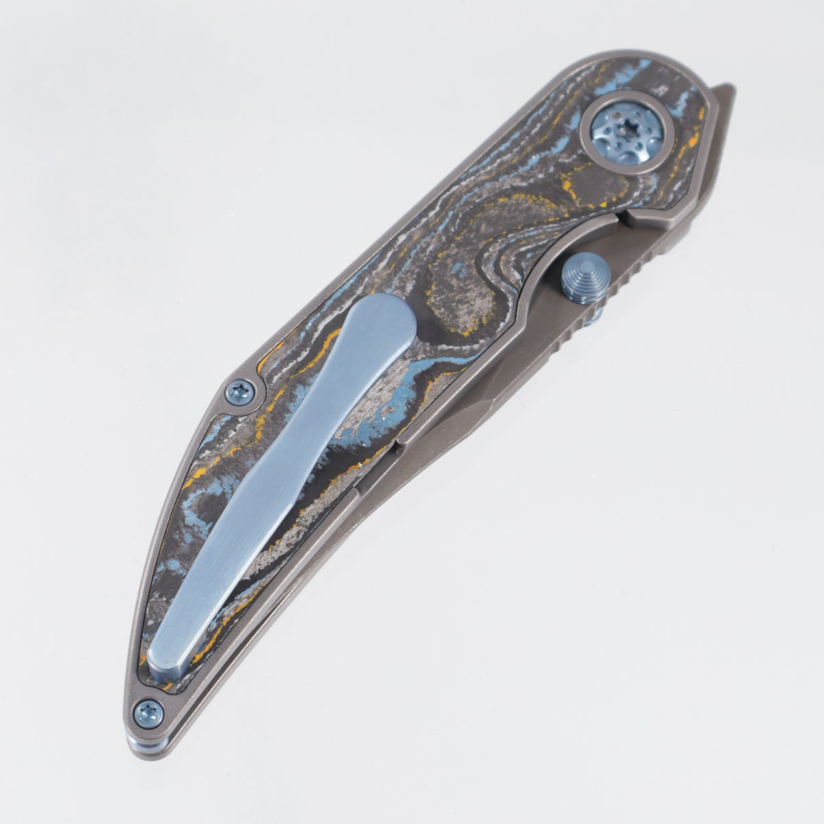 Hypercut Bikkhu #0228 - Stonewash Titanium w/ Gulf Camo Carbon Inlays & Light Blue Ti Accents - Dark Stonewash S45VN