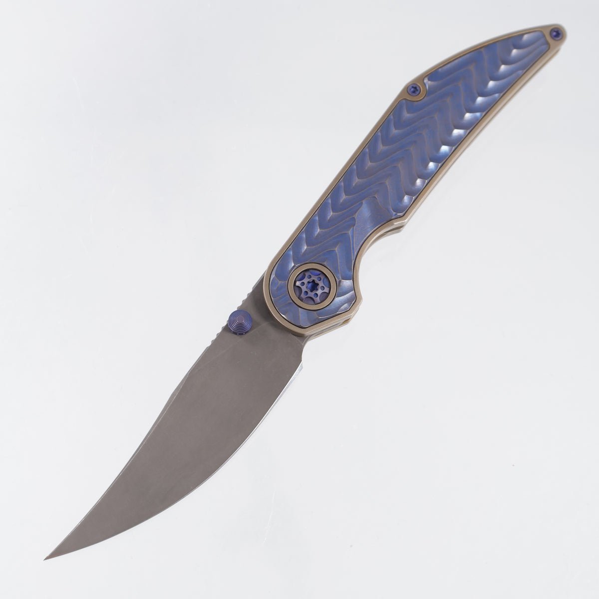Hypercut Bikkhu #0215 - Bronze Ano Titanium w/ Blurple Squiggle Milled Titanium Inlays - Dark Stonewash S45VN