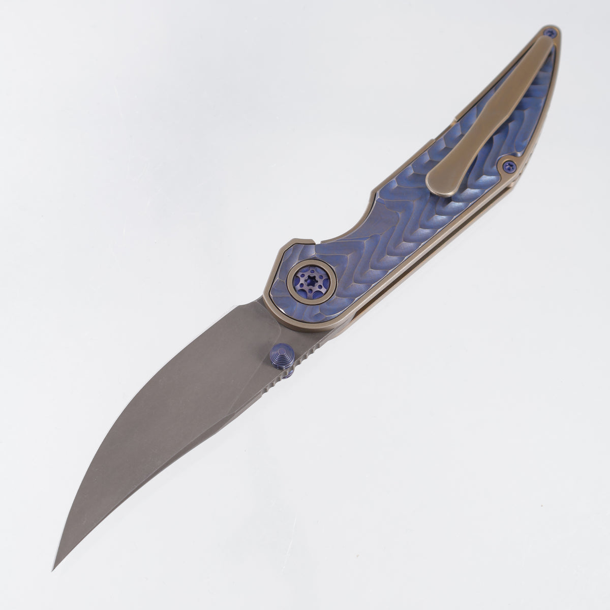 Hypercut Bikkhu #0215 - Bronze Ano Titanium w/ Blurple Squiggle Milled Titanium Inlays - Dark Stonewash S45VN