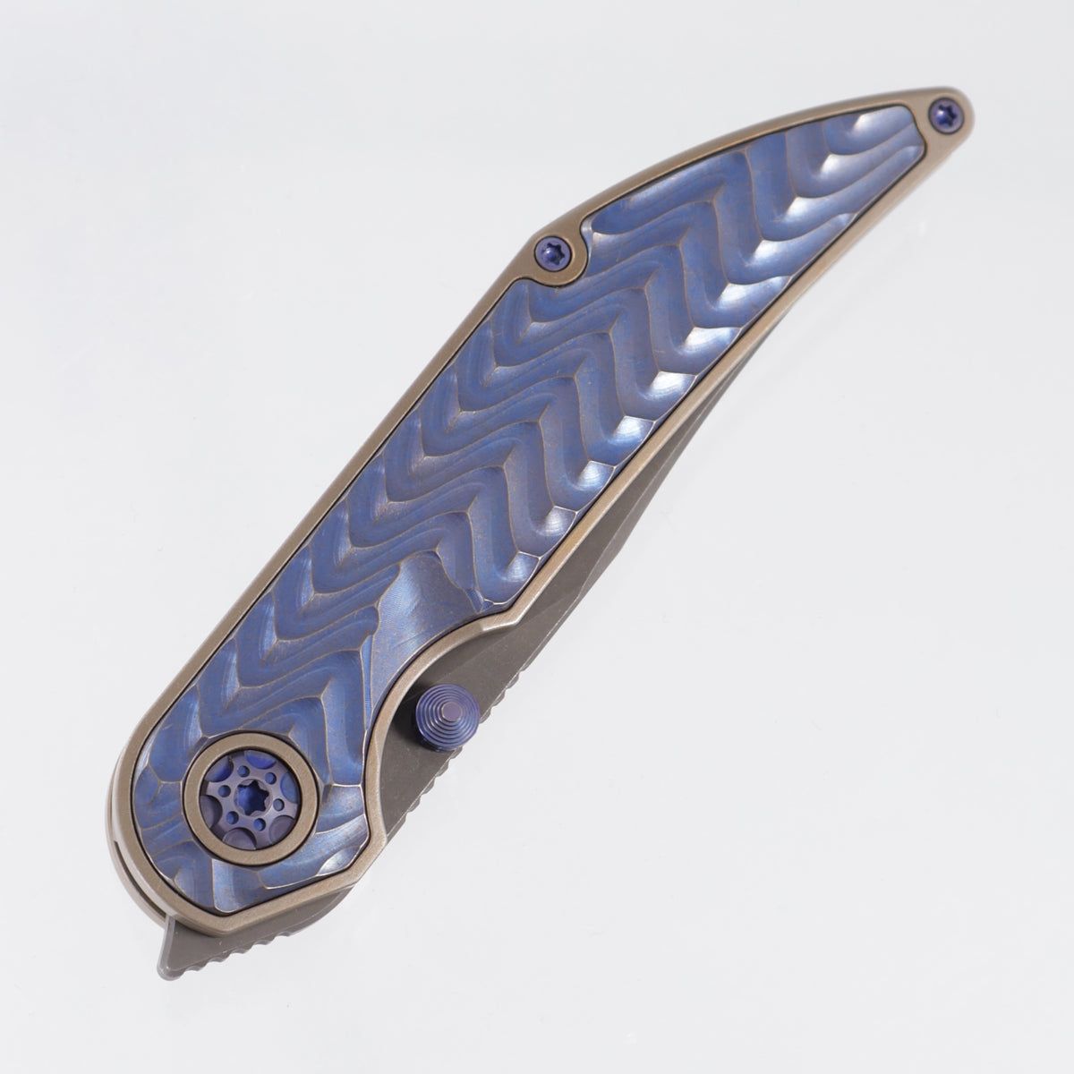 Hypercut Bikkhu #0215 - Bronze Ano Titanium w/ Blurple Squiggle Milled Titanium Inlays - Dark Stonewash S45VN