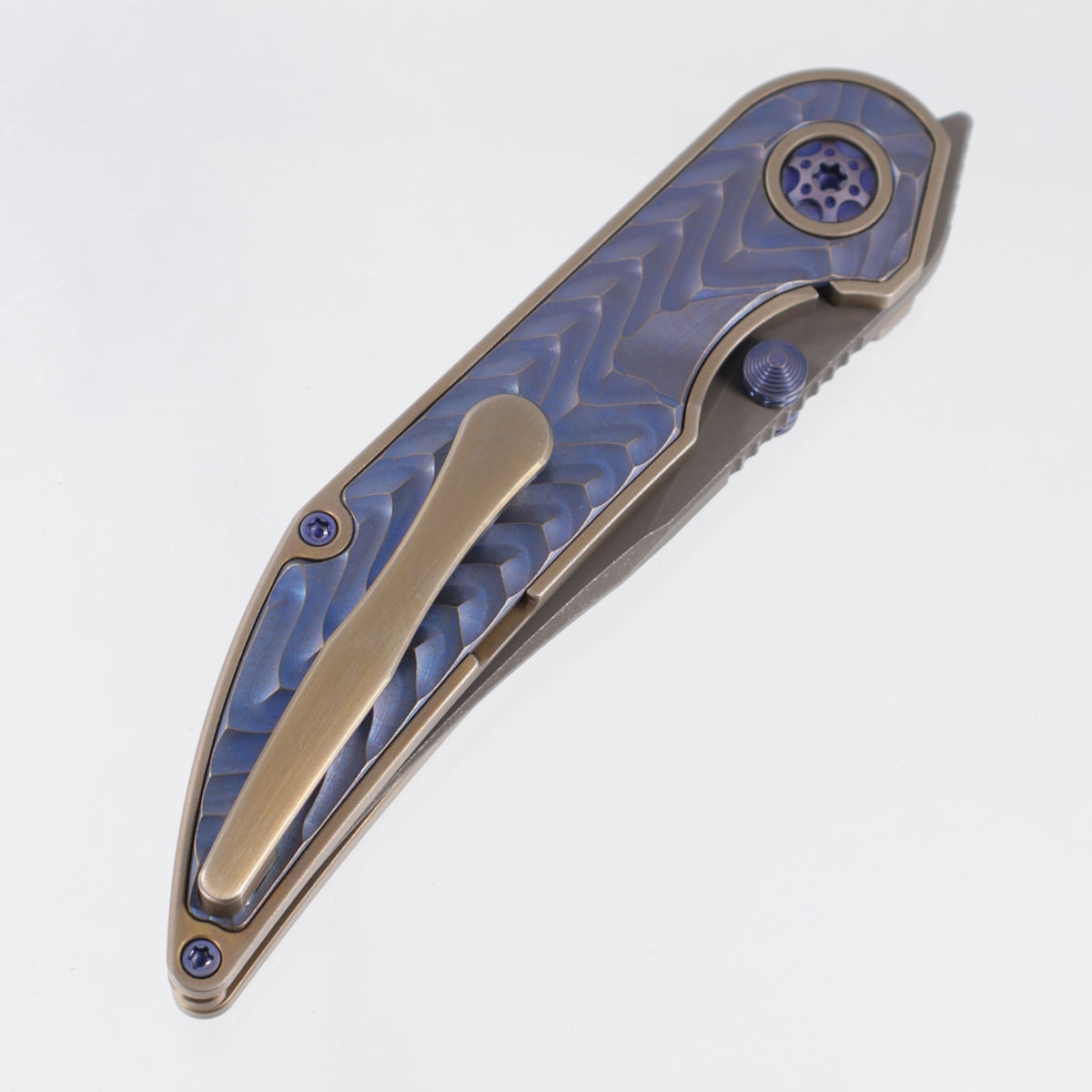 Hypercut Bikkhu #0215 - Bronze Ano Titanium w/ Blurple Squiggle Milled Titanium Inlays - Dark Stonewash S45VN
