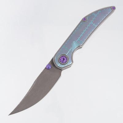 Hypercut Bikkhu #0221 - Stonewash Titanium w/ Teal & Purple Ano Steel Plate Milled Inlays & Purple Ti Accents - Dark Stonewash S45VN