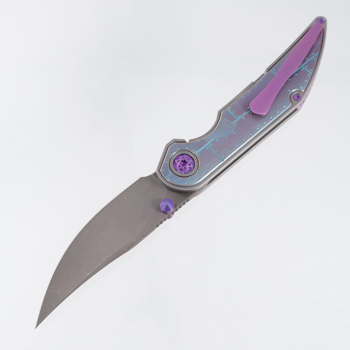 Hypercut Bikkhu #0221 - Stonewash Titanium w/ Teal & Purple Ano Steel Plate Milled Inlays & Purple Ti Accents - Dark Stonewash S45VN