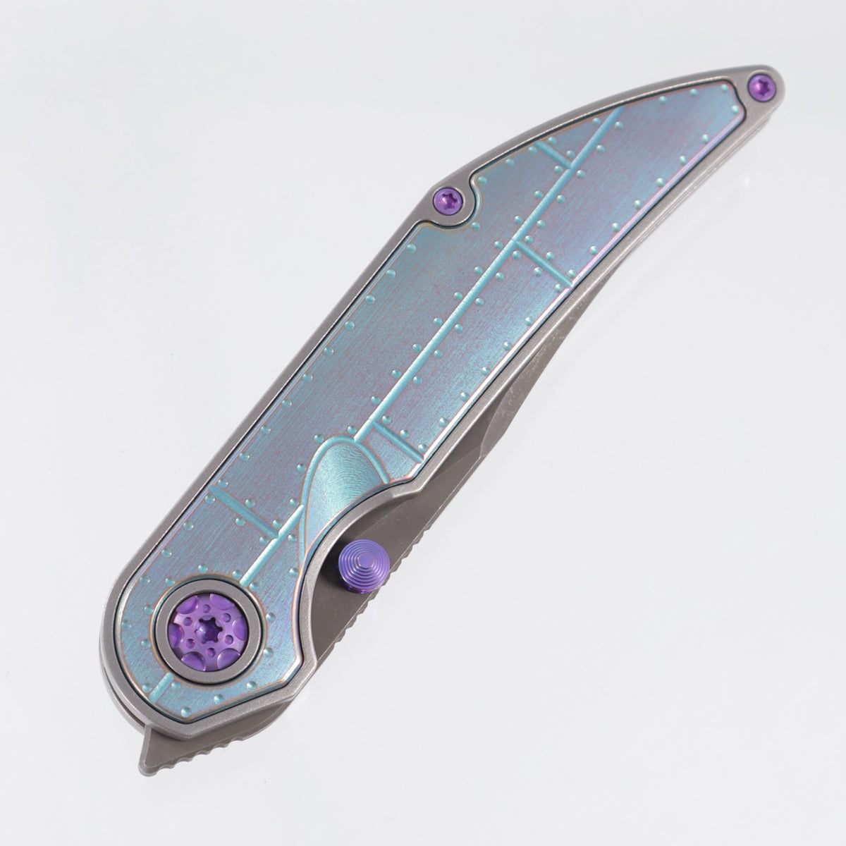 Hypercut Bikkhu #0221 - Stonewash Titanium w/ Teal & Purple Ano Steel Plate Milled Inlays & Purple Ti Accents - Dark Stonewash S45VN