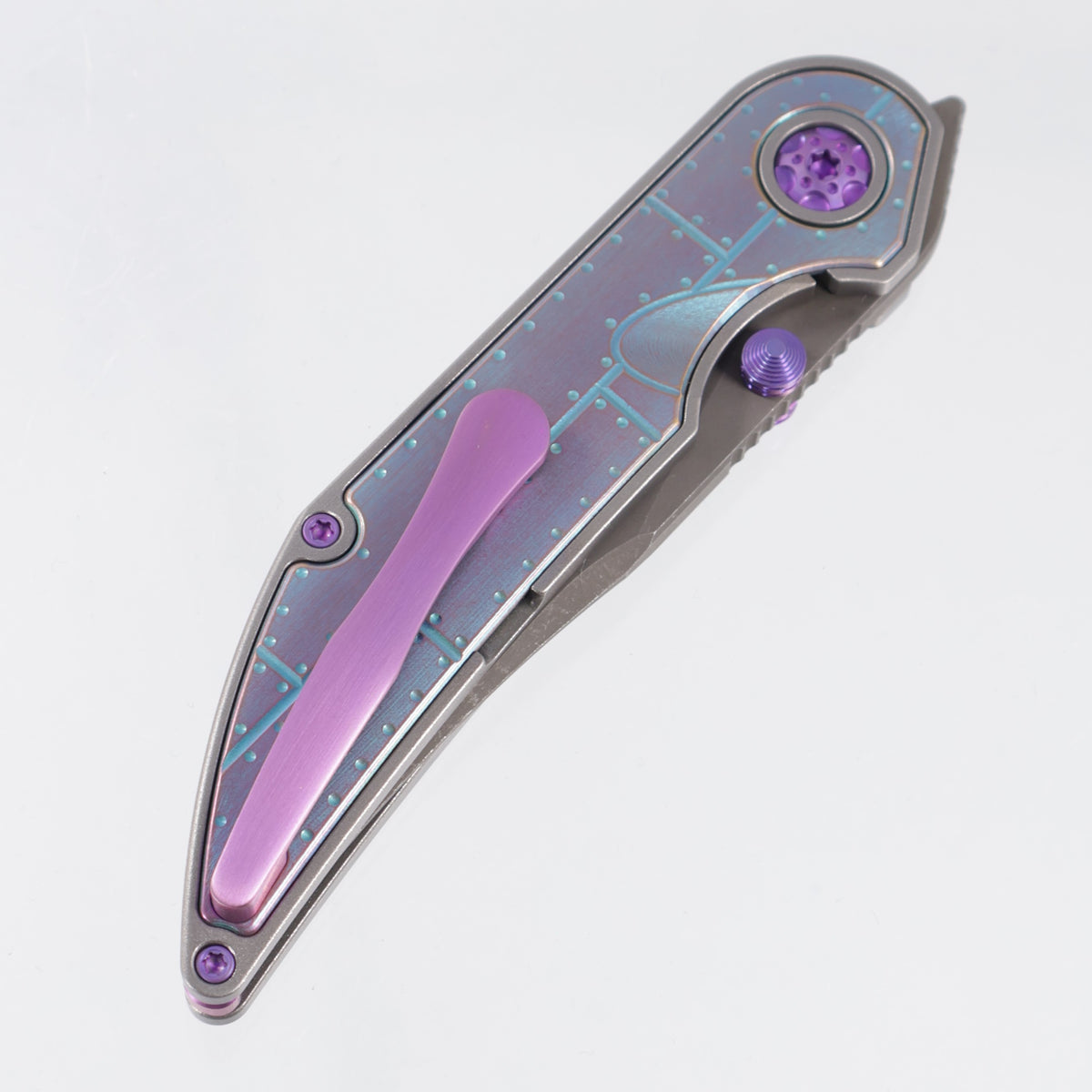 Hypercut Bikkhu #0221 - Stonewash Titanium w/ Teal & Purple Ano Steel Plate Milled Inlays & Purple Ti Accents - Dark Stonewash S45VN