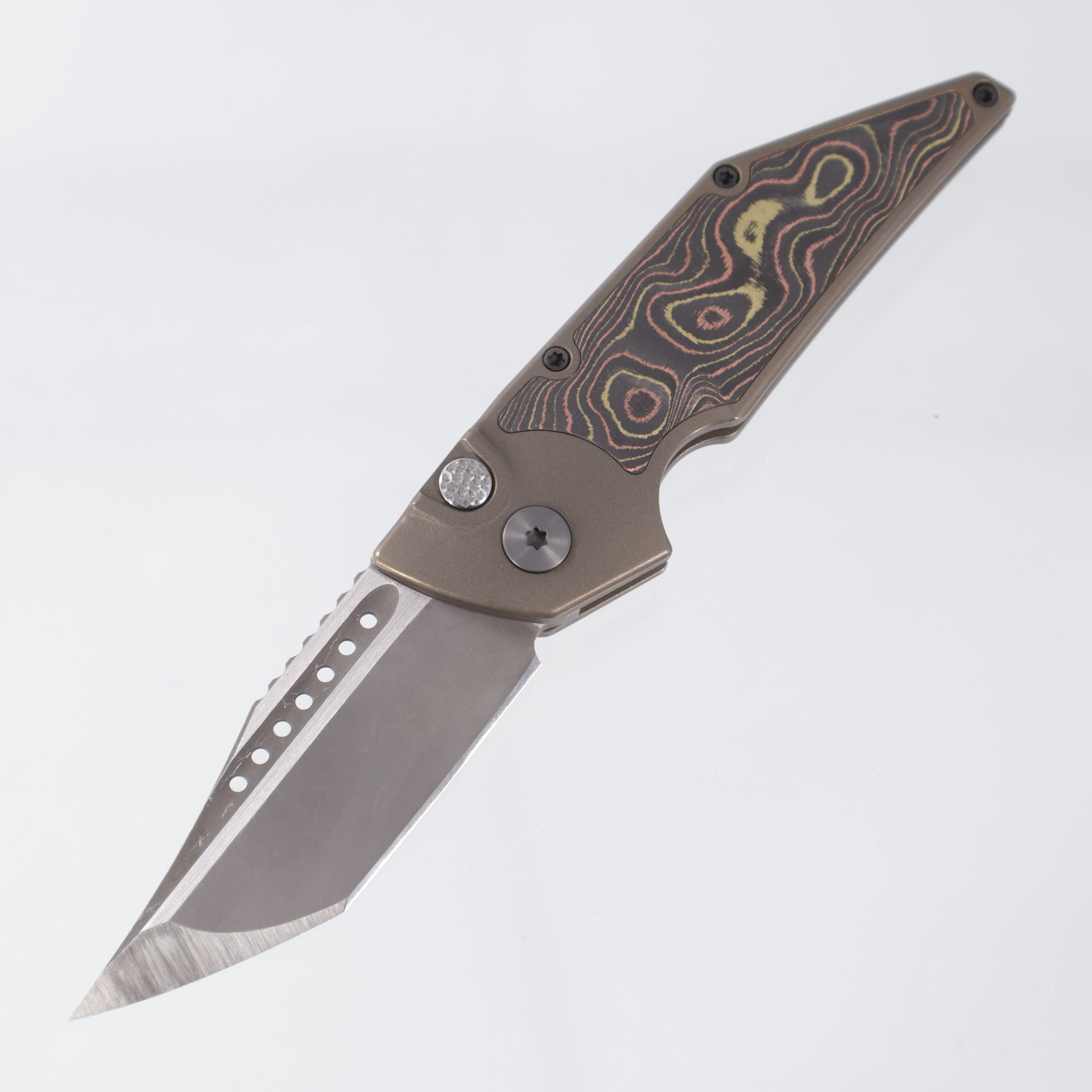Hypercut Dharma Auto - Bronze Titanium w/ Mokume Camo Carbon Inlay - Stonewash S35VN - Zirconium Clip & Pivot - S/N: 0017