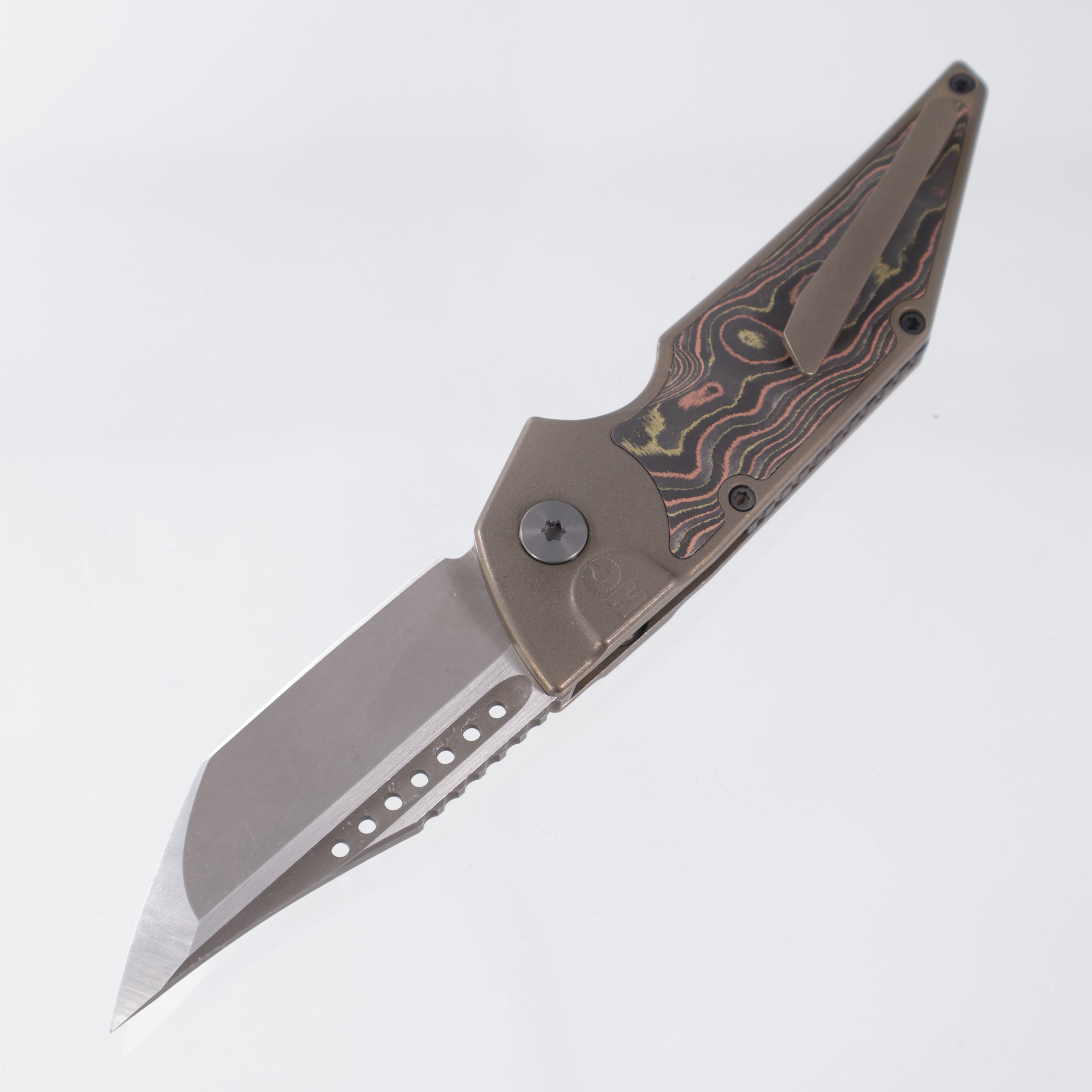 Hypercut Dharma Auto - Bronze Titanium w/ Mokume Camo Carbon Inlay - Stonewash S35VN - Zirconium Clip & Pivot - S/N: 0017