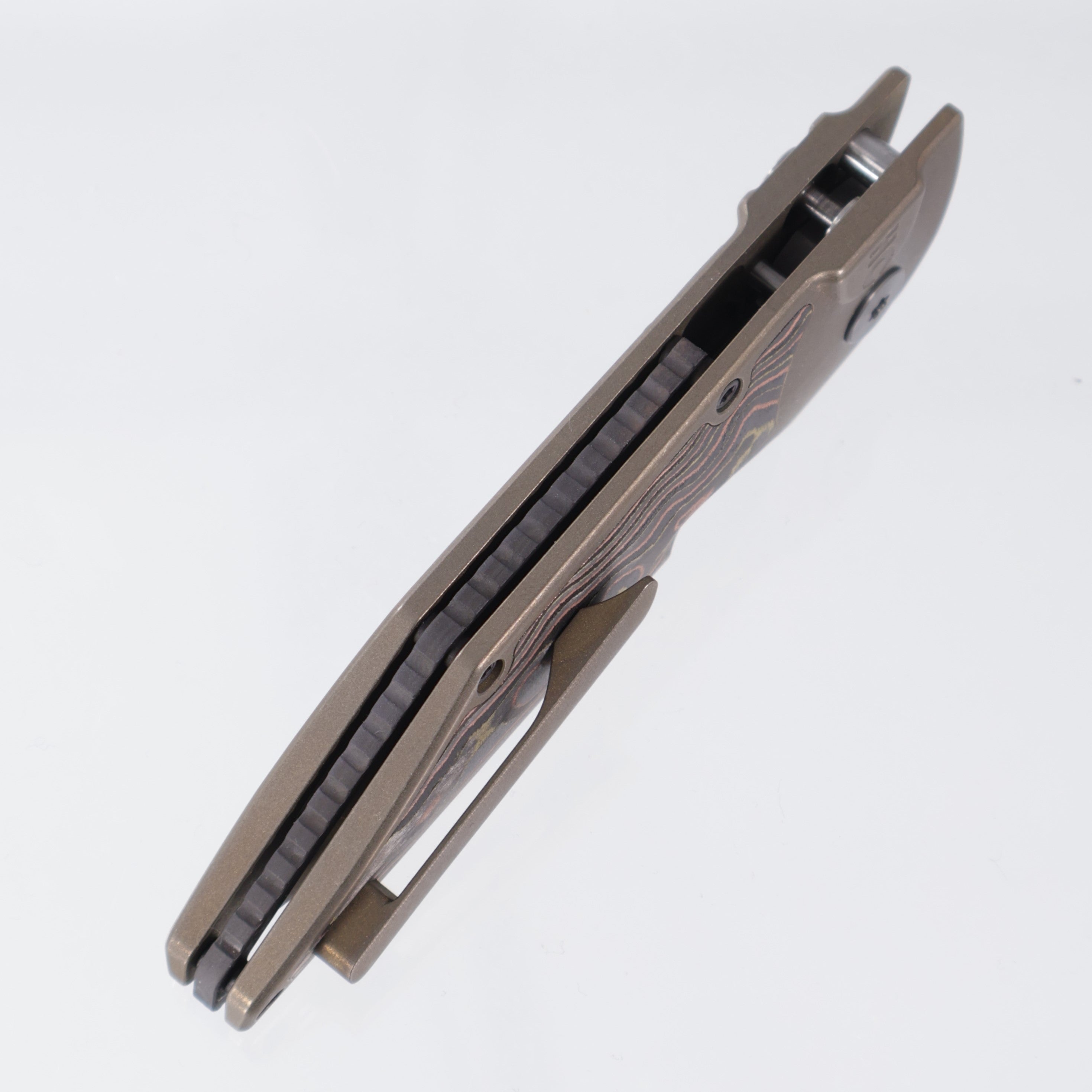 Hypercut Dharma Auto - Bronze Titanium w/ Mokume Camo Carbon Inlay - Stonewash S35VN - Zirconium Clip & Pivot - S/N: 0017